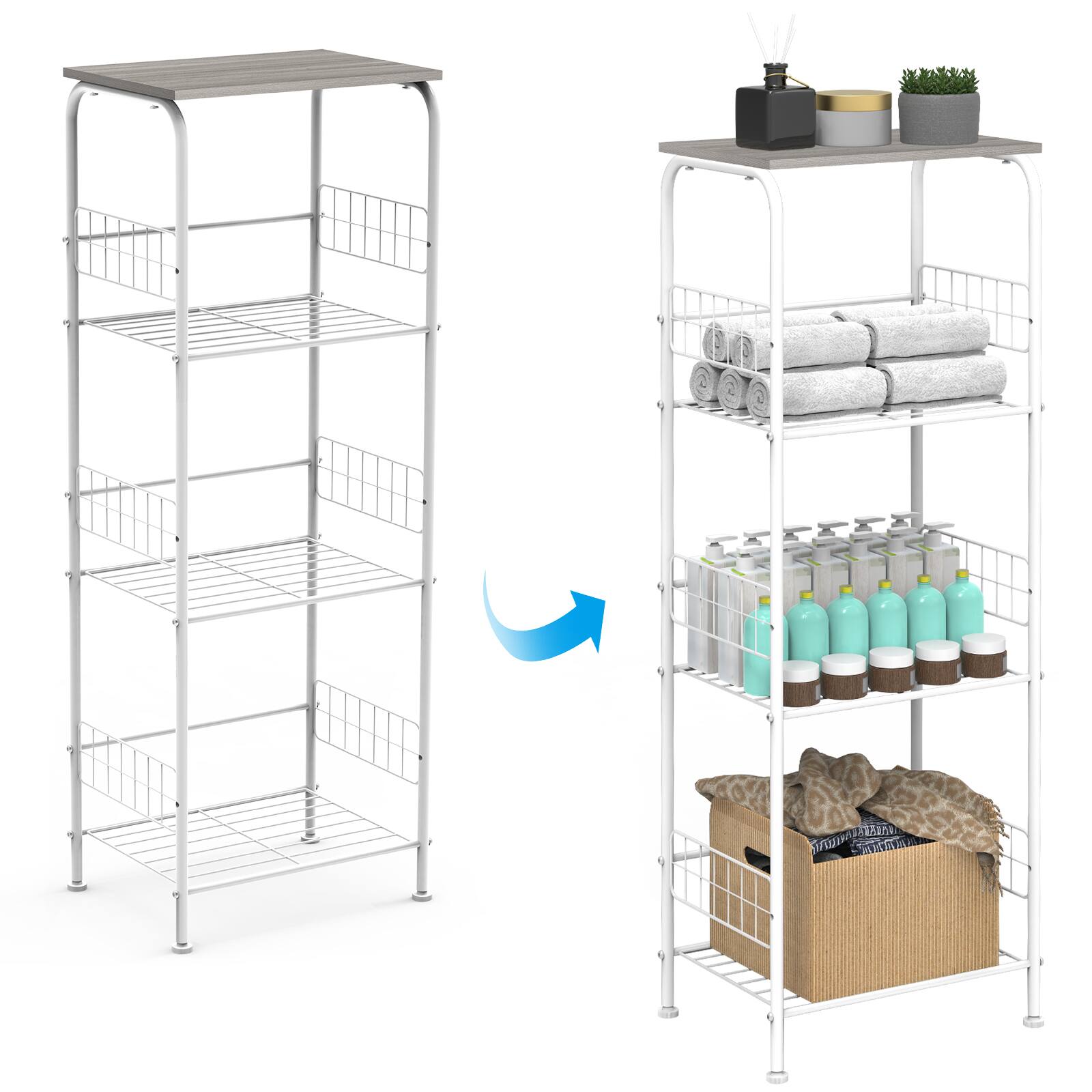 Left. Oumilen - 4-Tier Wire Storage Shelf with Wood Top, Black Metal Frame & Accessories, Gray - Gray.