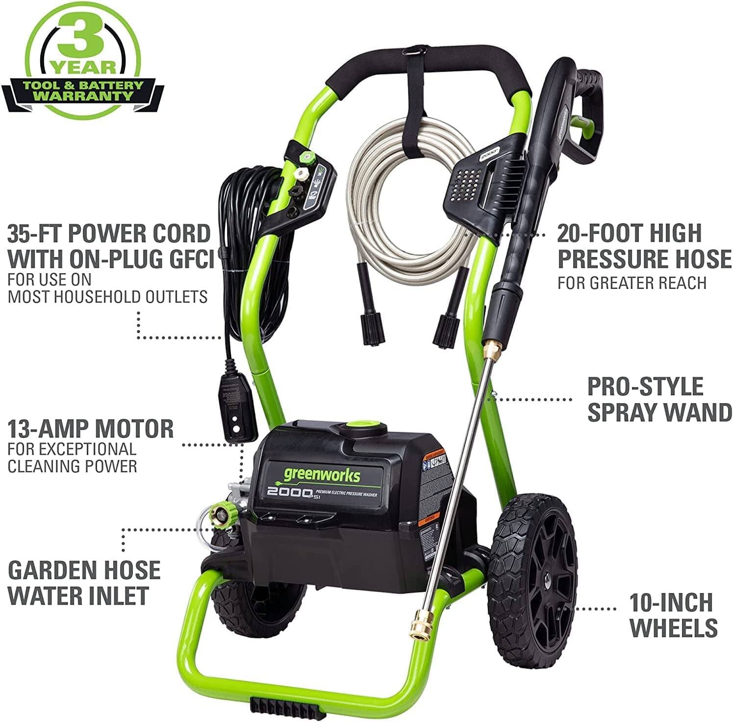 3 YEAR TOOL & BATTERY WARRANTY

35-FT POWER CORD WITH ON-PLUG GFCI FOR USE ON MOST HOUSEHOLD OUTLETS

20-FOOT HIGH PRESSURE HOSE FOR GREATER REACH

13-AMP MOTOR FOR EXCEPTIONAL CLEANING POWER

GARDEN HOSE WATER INLET

PRO-STYLE SPRAY WAND

10-INCH WHEELS