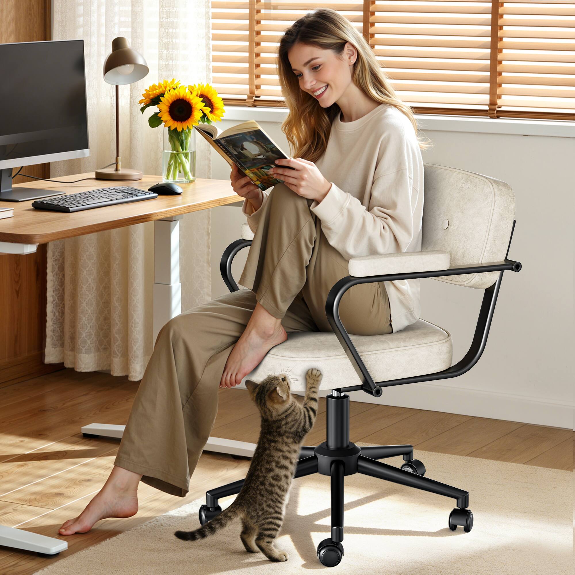 Alt View 3. KERDOM - Compact Home Office Chair with Arms, Simple Computer Chair for Short People, PU Leather Cute Small Desk Chair for Study - White.