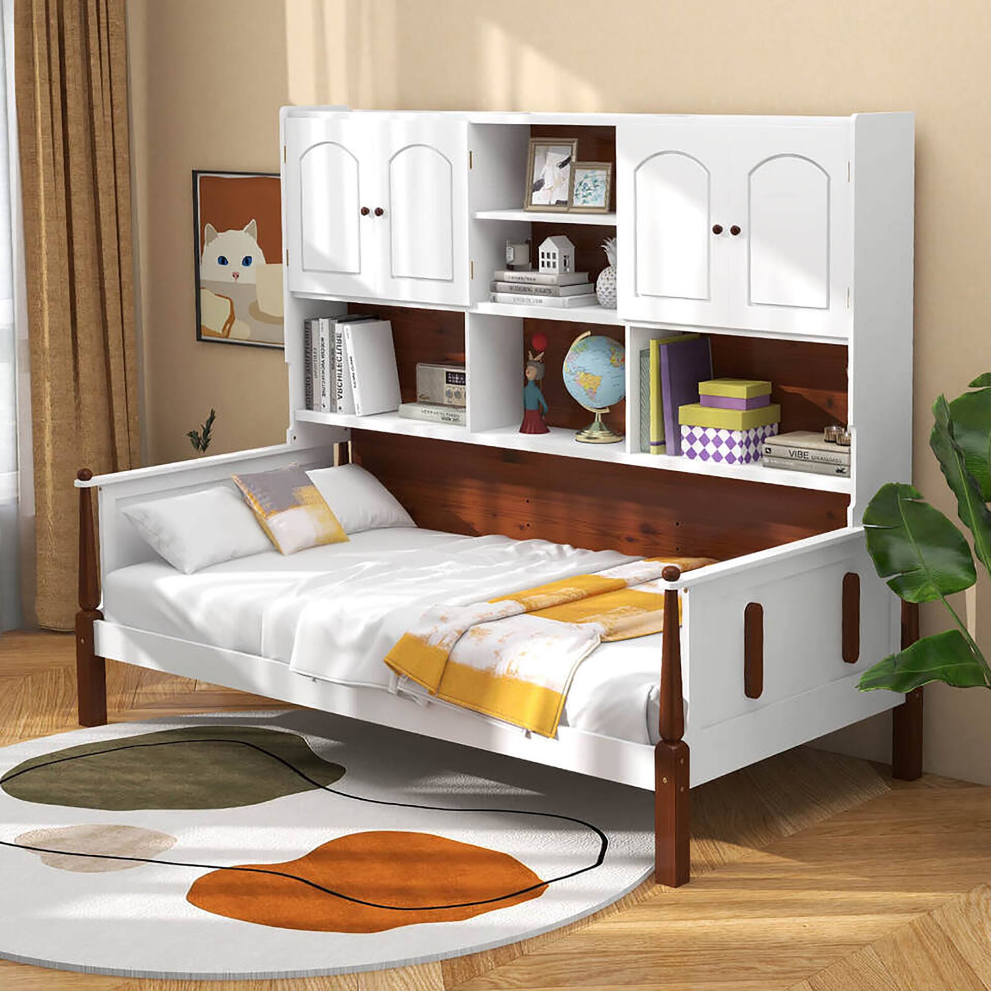 Alt View 1. Gymax - Gymax Twin Daybed w/ Bookcase Wooden Platform Bed w/ Shelves & Cabinets White & Brown - White, Brown.
