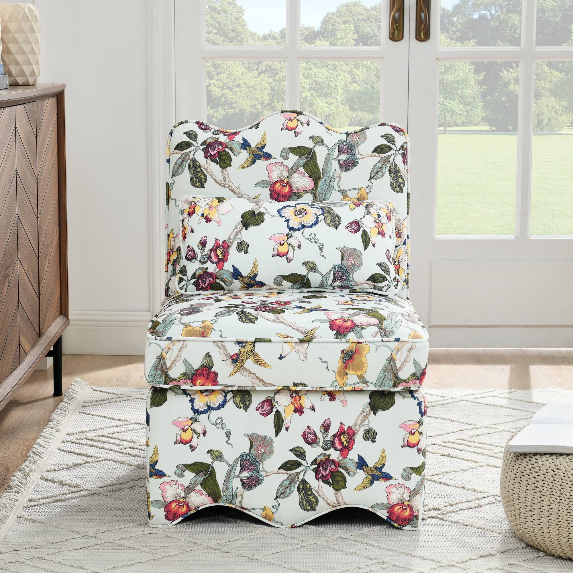Left. Trinkets Crazed - Flannel Upholstered Accent Chair-Retro Single Sofa Chair with Floral Pattern, Armless Lounge Chair with Pillow - Red.