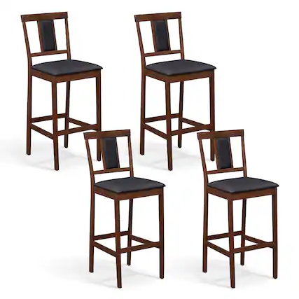 Front. Costway - Costway Upholstered Barstool Set of 4, Farmhouse 29.5" Bar Height Kitchen Island Stool - Walnut + Black.