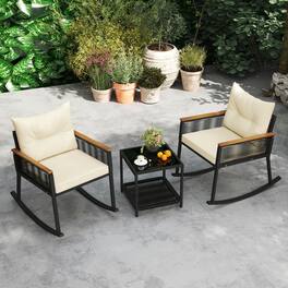 Costway - 3 PCS Outdoor Rocking Bistro Set with 2-Tier Coffee Table, Acacia Wood Armrests - Black+Beige