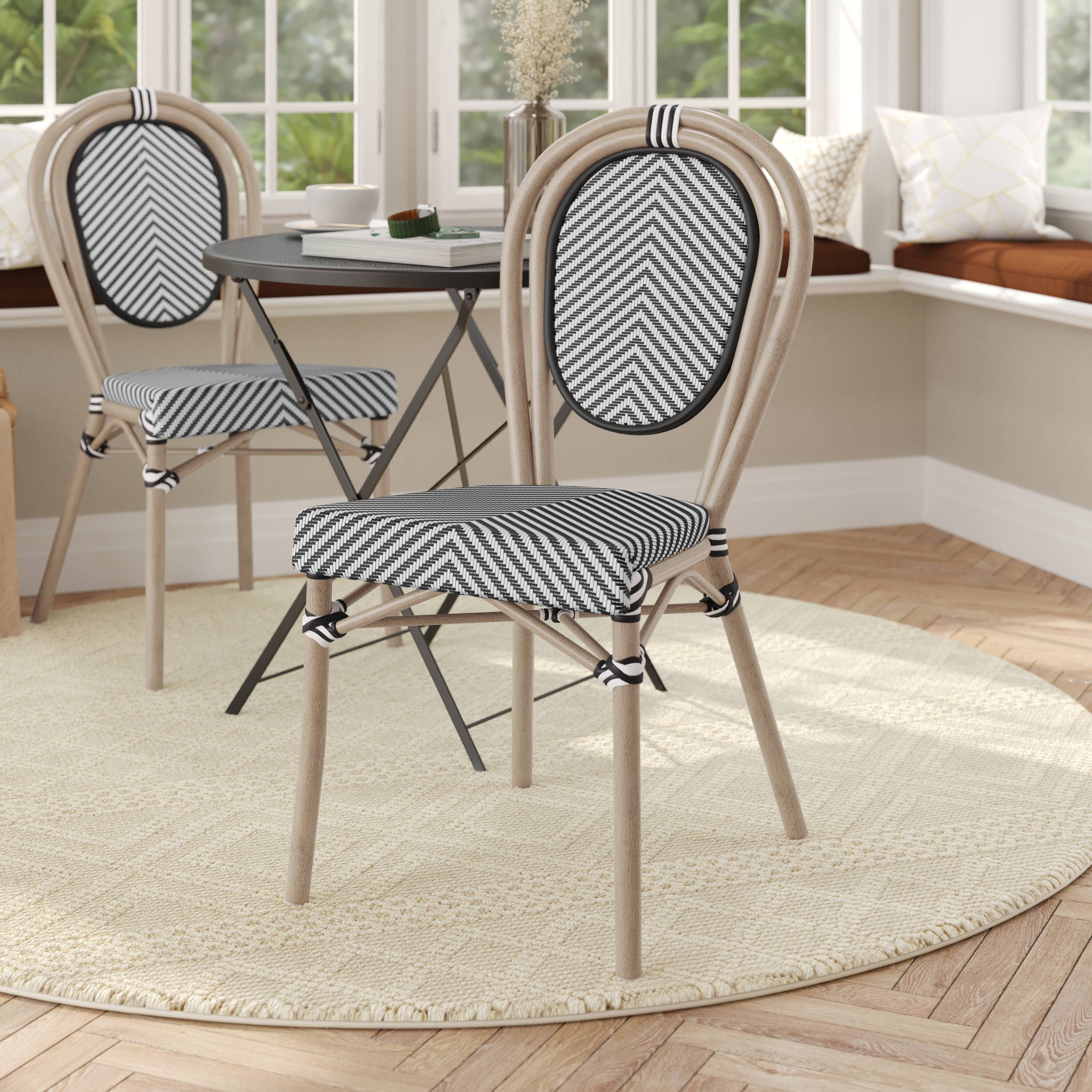 Alt View 1. Flash Furniture - Marseille Indoor/Outdoor Commercial Thonet Bistro Stacking Chair, Black/White Textilene and Bamboo Print Aluminum Frame - Black.