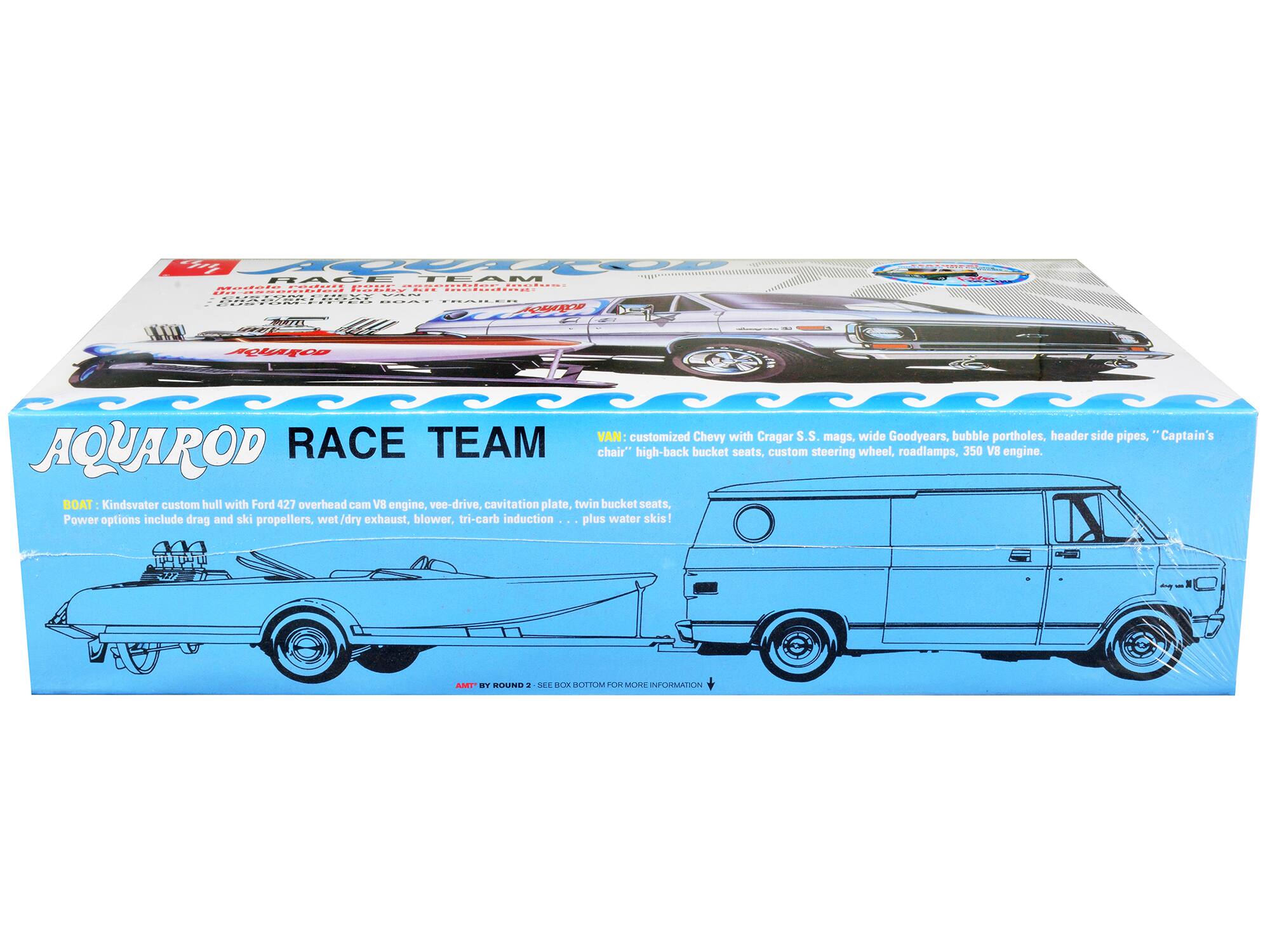 AQUAROD RACE TEAM

VAN: customized Chevy with Cragar S.S. mags, wide Goodyears, bubble portholes, header side pipes, "Captain's chair" high-back bucket seats, custom steering wheel, roadlamps, 350 V8 engine.

BOAT: Kindsvater custom hull with Ford 427 overhead cam V8 engine, vee-drive, cavitation plate, twin bucket seats, Power options include drag and ski propellers, wet/dry exhaust, blower, tri-carb induction ... plus water skis!

AMT BY ROUND 2 - SEE BOX BOTTOM FOR MORE INFORMATION