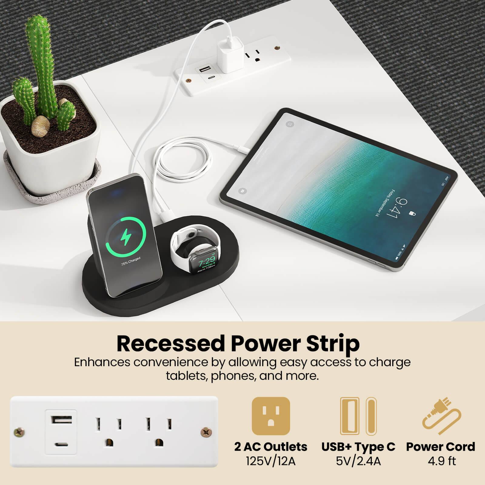 Recessed Power Strip Enhances convenience by allowing easy access to charge tablets, phones, and more. 2 AC Outlets USB+ Type C Power Cord 125V/12A 5V/2.4A 4.9 ft