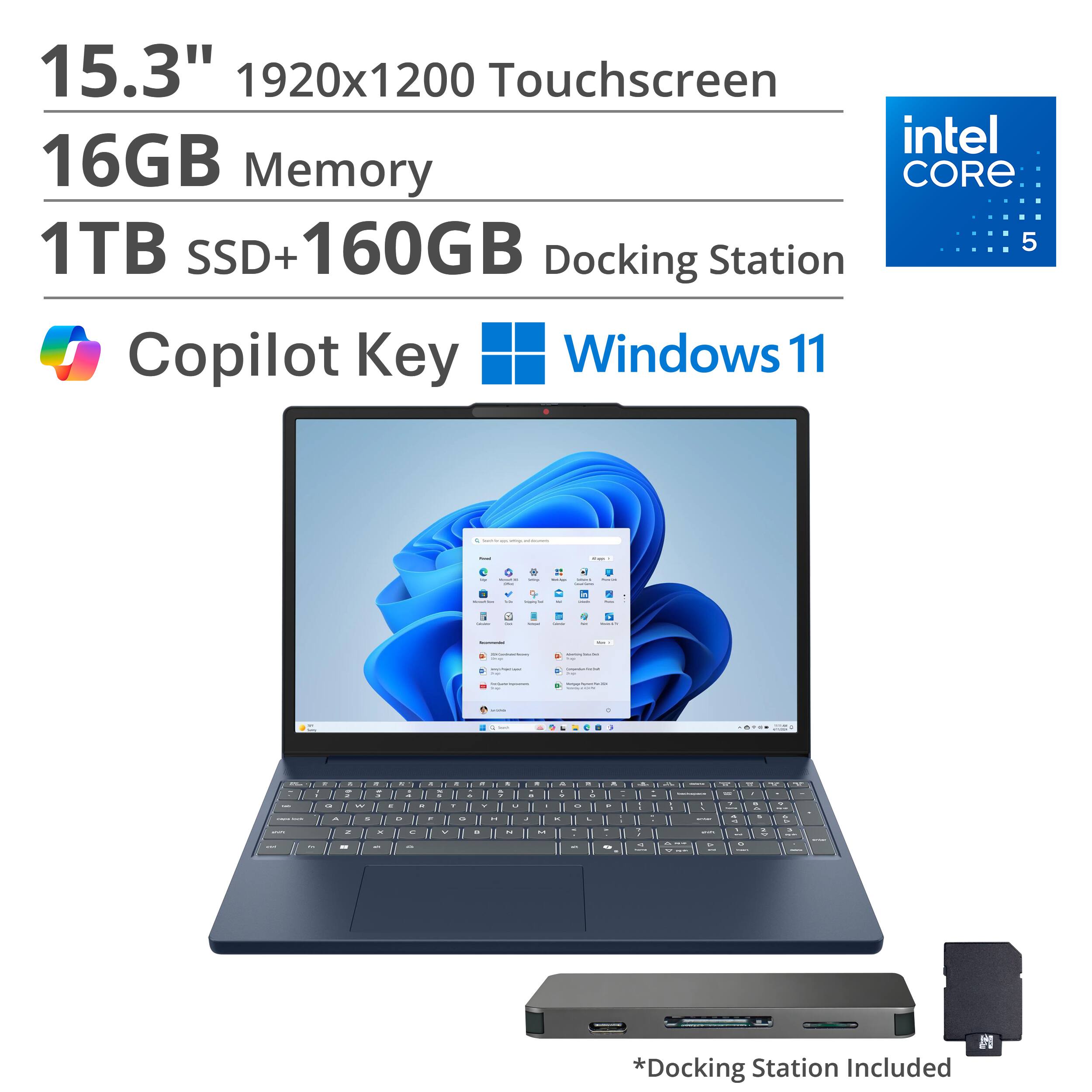 15.3" 1920x1200 Touchscreen  
16GB Memory  
1TB SSD + 160GB  
Intel Core 5  
Docking Station Included  
Copilot Key  
Windows 11