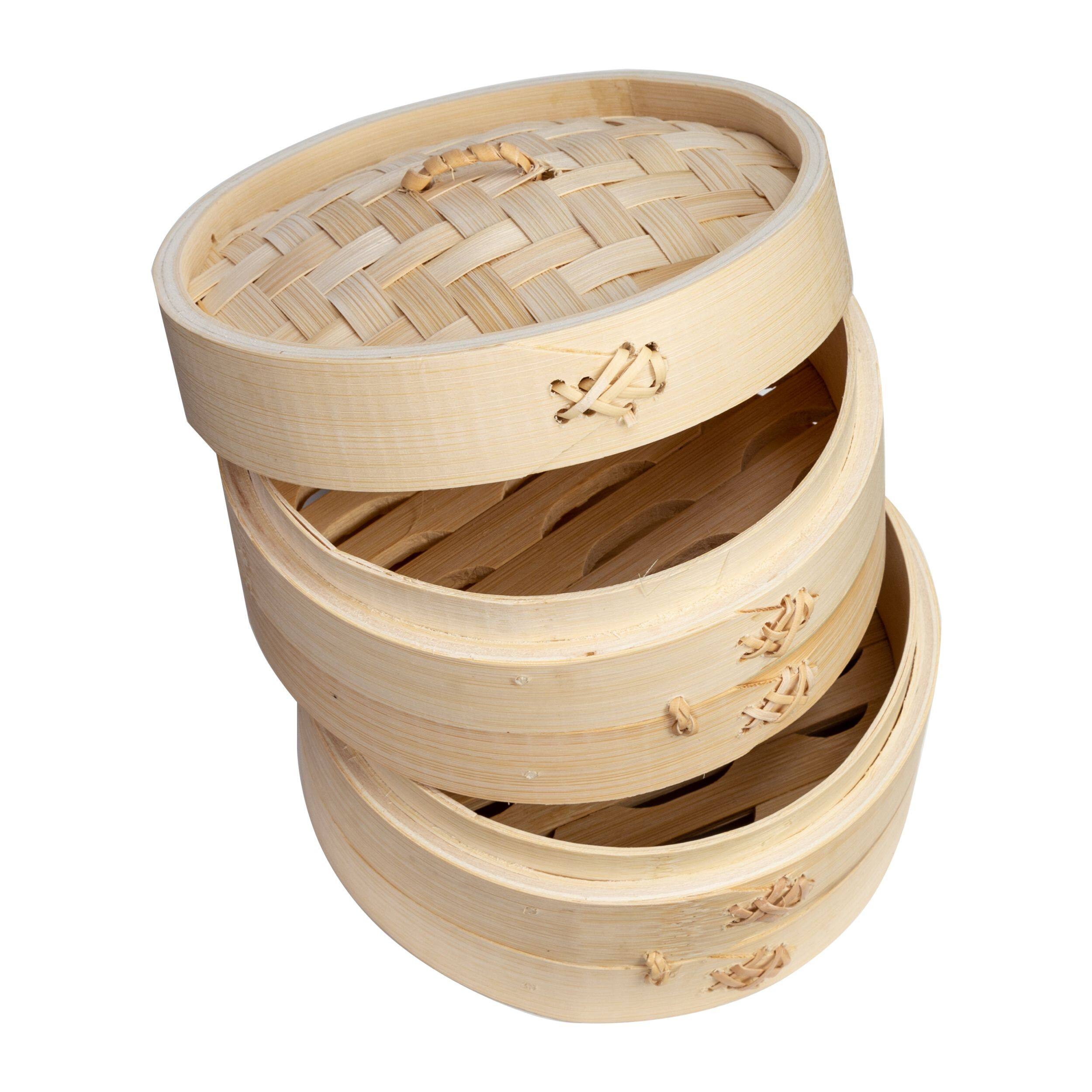 Left. Escali - Joyce Chen 2-Tier Bamboo Steamer Baskets, 6-Inch - Natural.