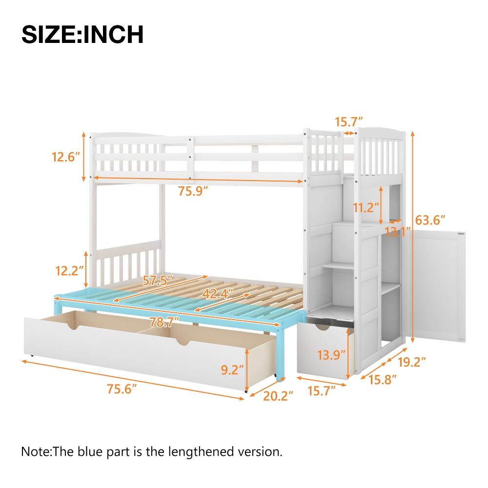 SIZE: INCH

12.6"  
75.9"  
11.2"  
63.6"  
13.1"  
12.2"  
57.5"  
42.4"  
78.7"  
75.6"  
9.2"  
13.9"  
15.7"  
20.2"  
19.2"  
15.8"  

Note: The blue part is the lengthened version.