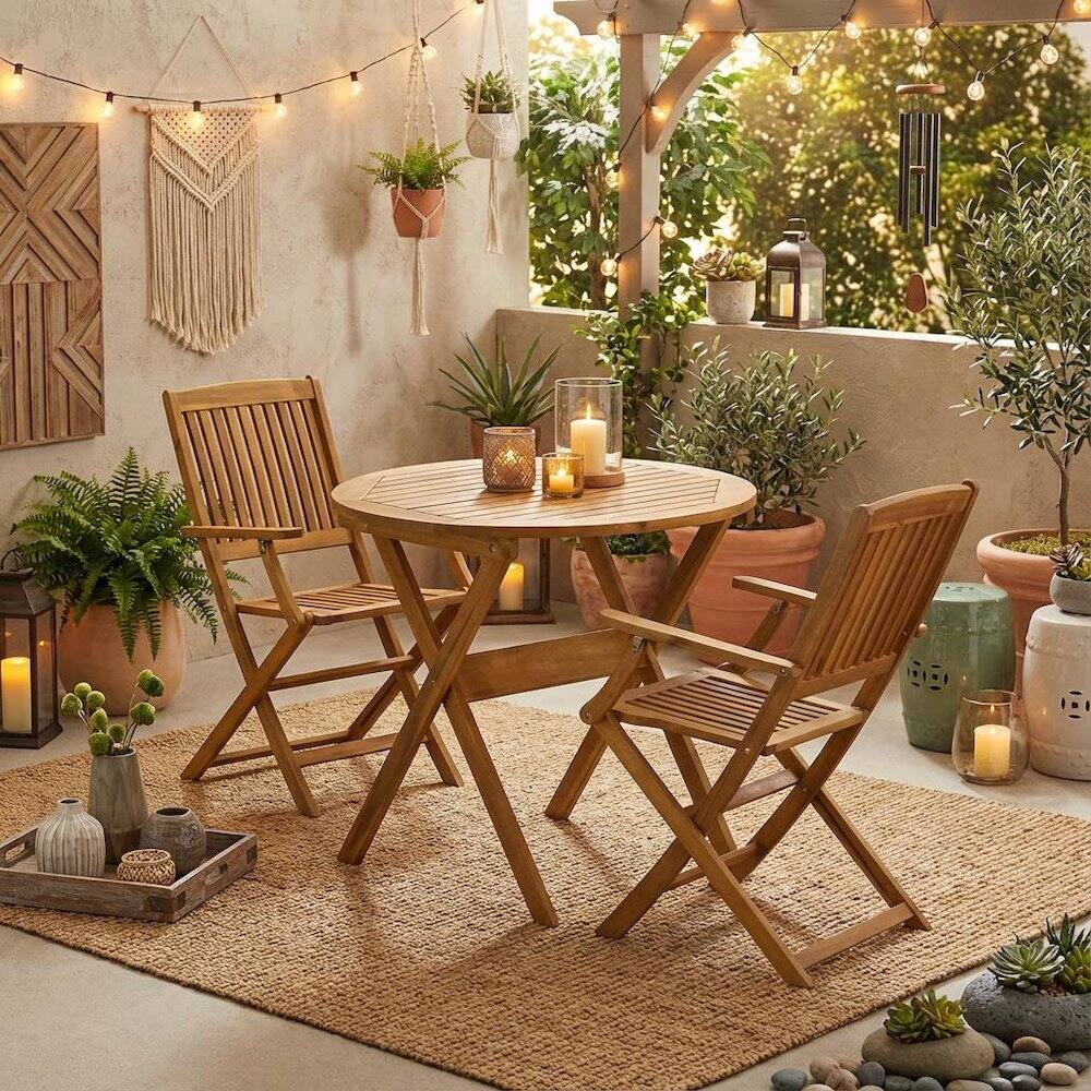 Alt View 2. Outdoor Escape - 3-Piece Outdoor Bistro Set Oil-Finish Wooden Folding Table and 2 Chairs - Natural Oil.
