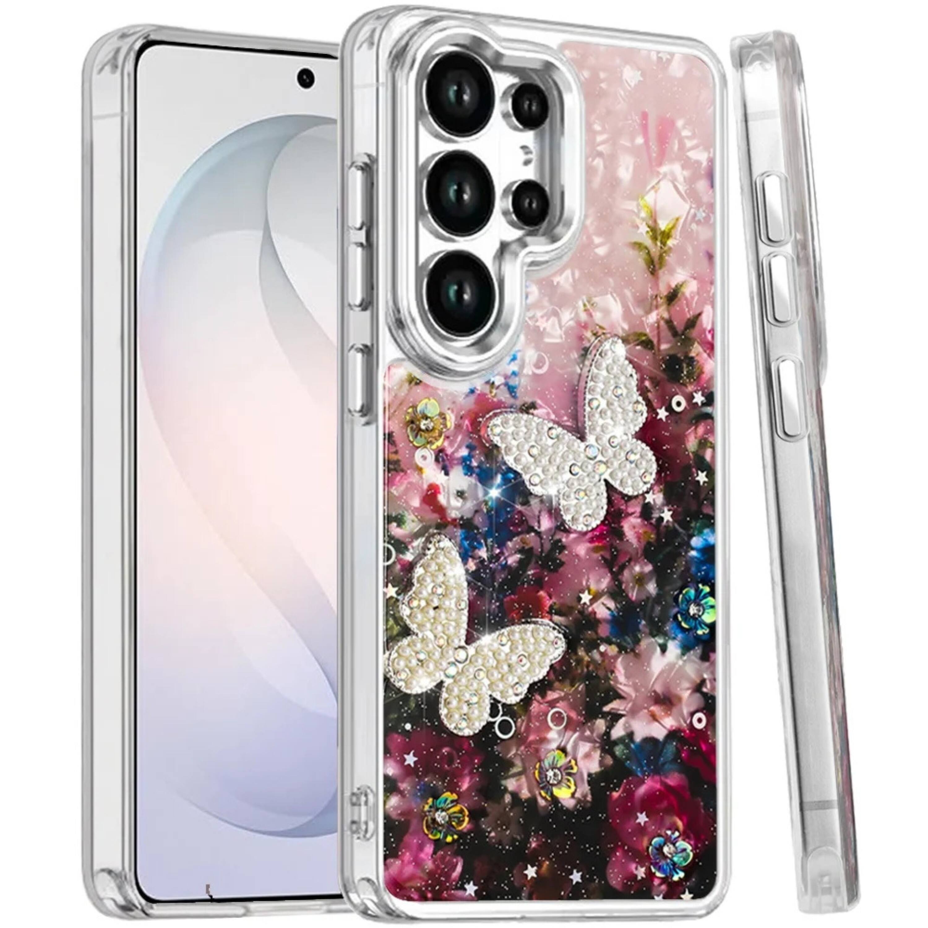 Angle. Kitcheniva - Floral Glitter Epoxy Butterfly Protective Case With Tempered Glass For Samsung S26 Ultra Black Pink Butterfly - Black.