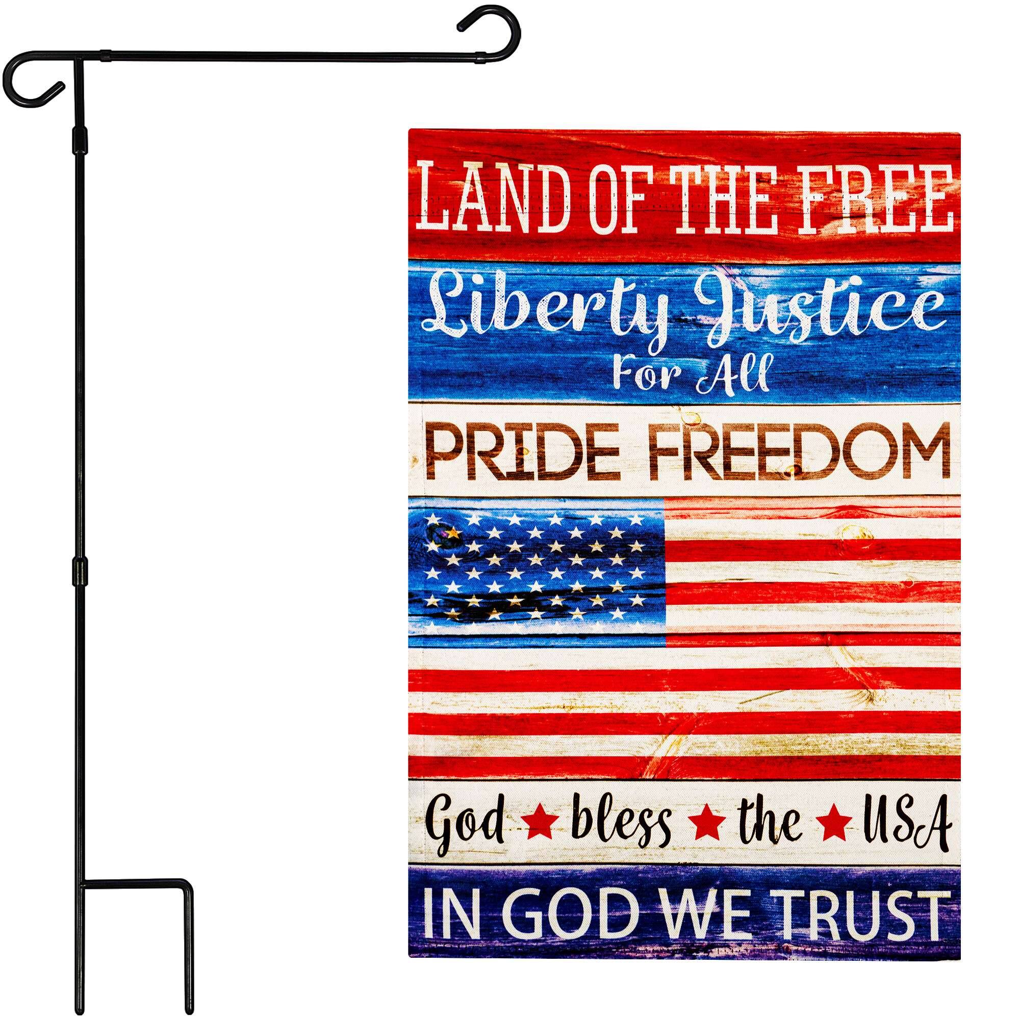 LAND OF THE FREE  
Liberty Justice For All  
PRIDE FREEDOM  
God bless the USA  
IN GOD WE TRUST