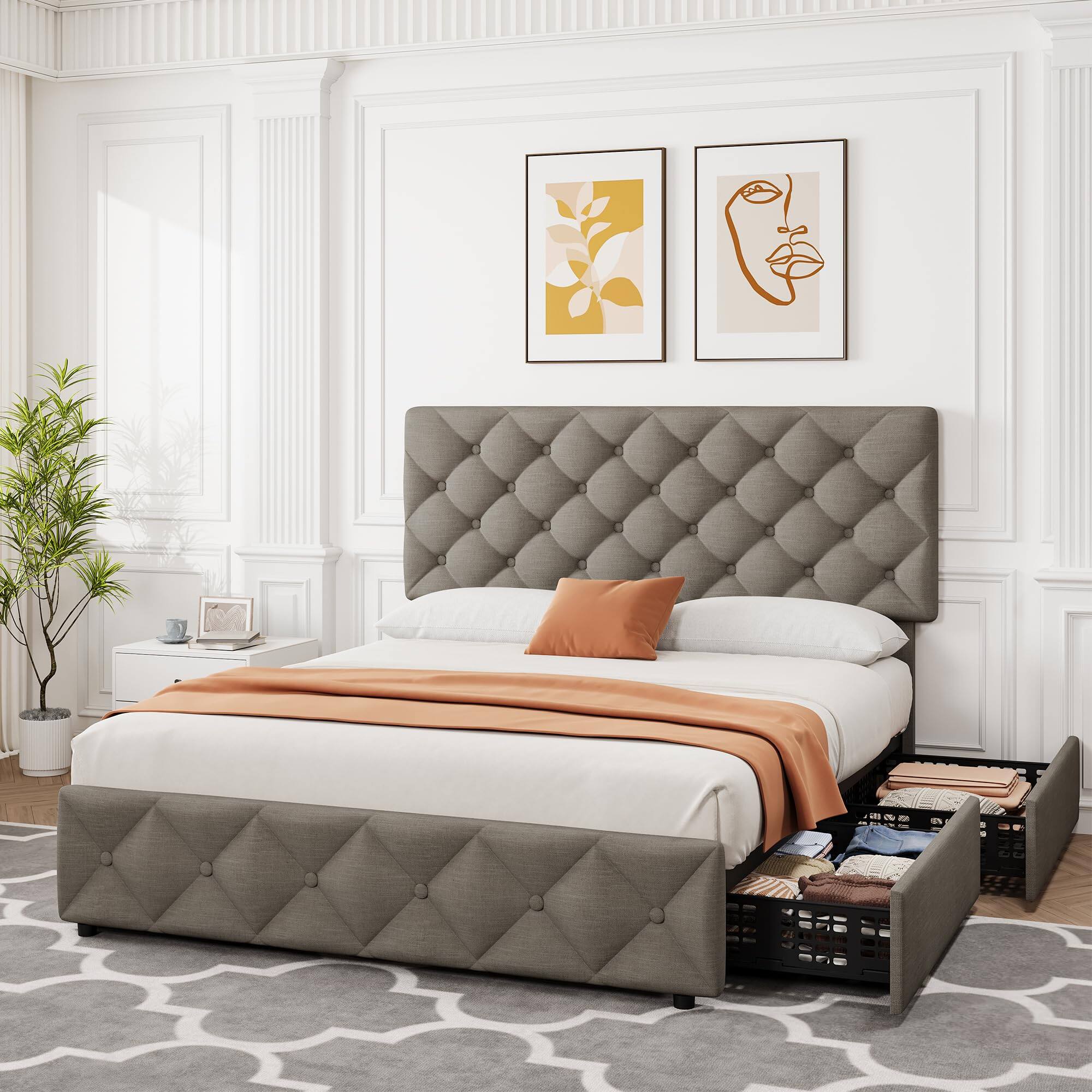 Alt View 4. Jojoka - King Upholstered Bed Frame with 4 Drawers & Adjustable Tufted Headboard, Diamond Stitched Button Tufted - White-PU.