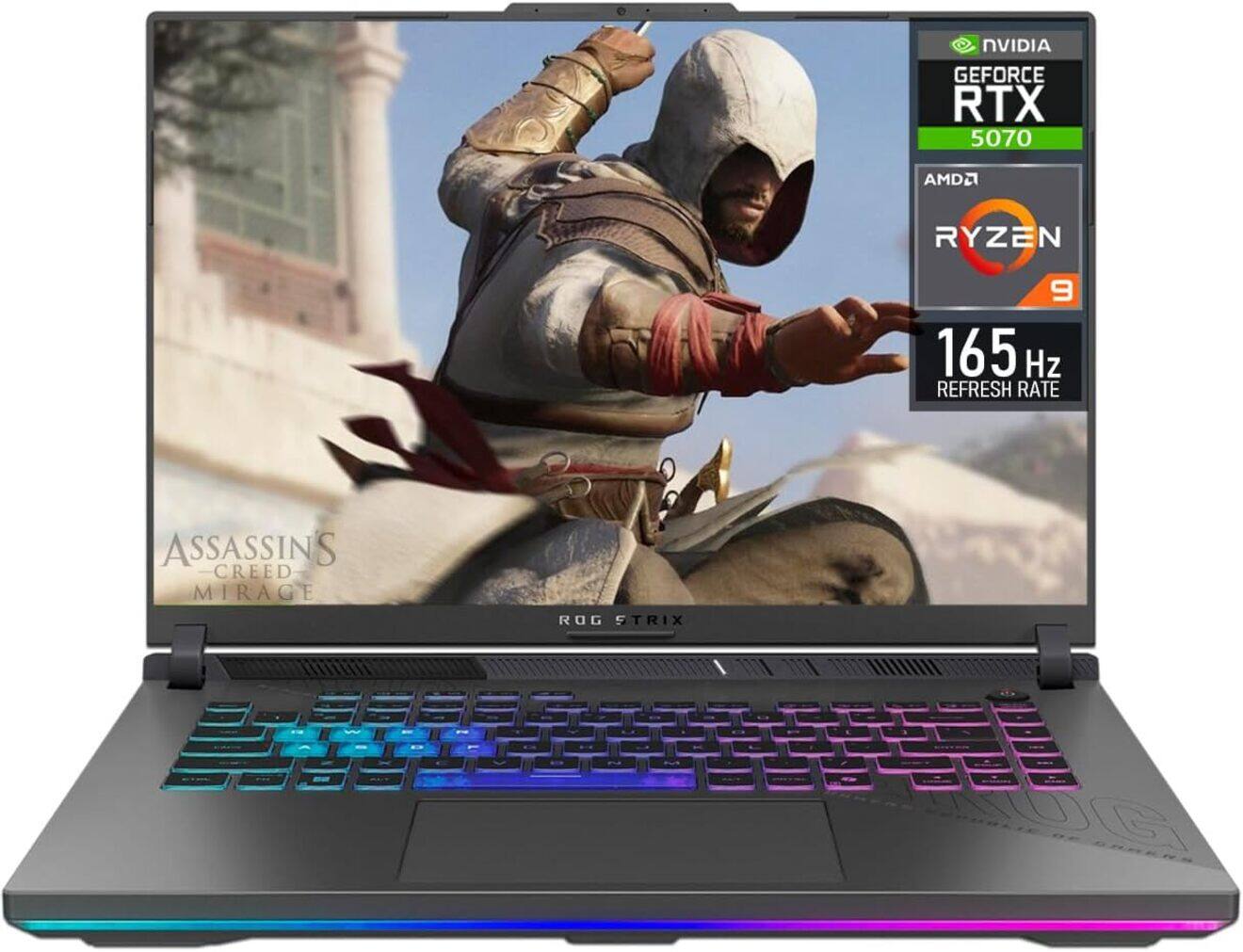 NVIDIA GEFORCE RTX 5070  
AMD RYZEN 9  
165 Hz REFRESH RATE  
ASSASSINS CREED MIRAGE  
ROG STRIX