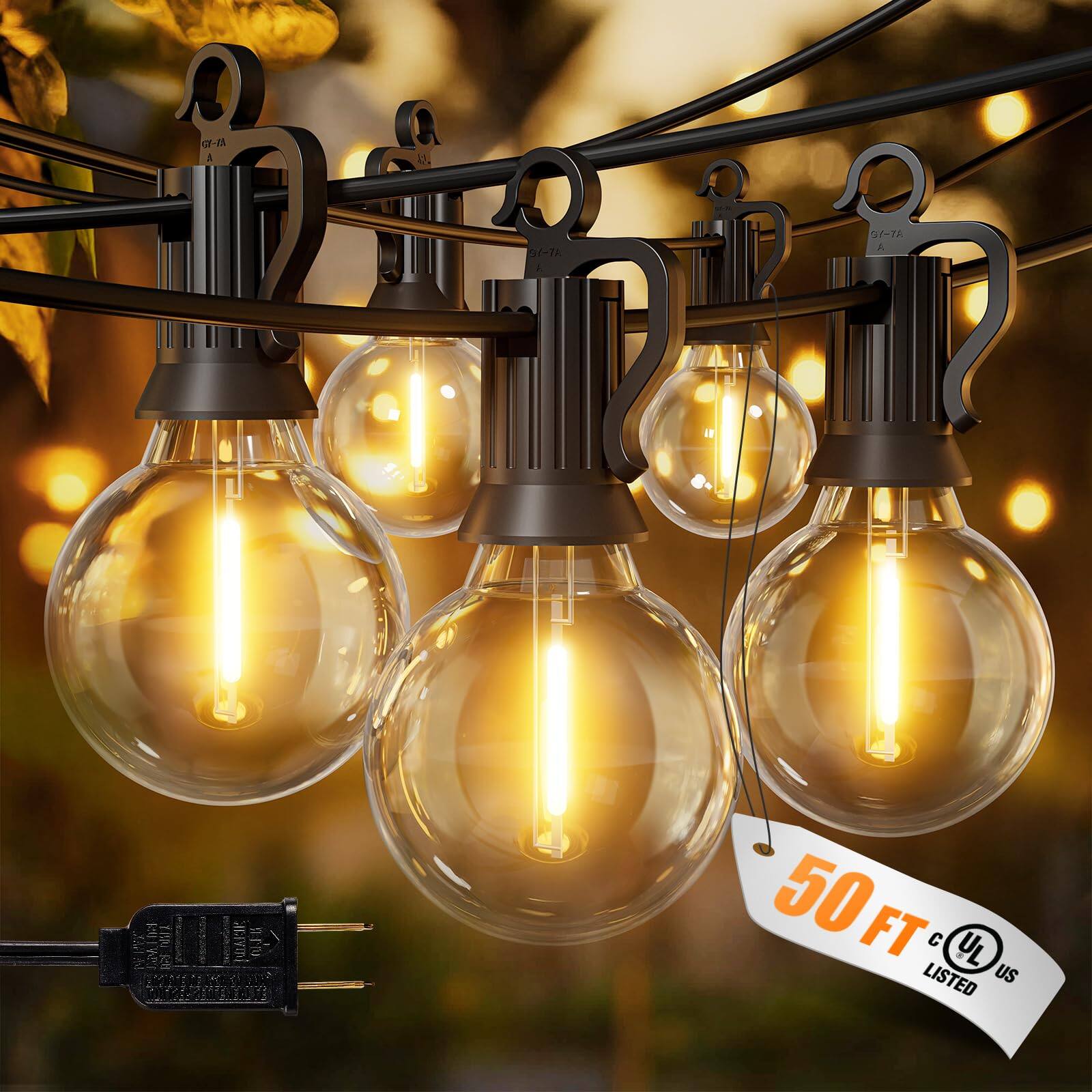 GlowWise - 50FT Outdoor String Lights, 25 G40 Shatterproof Bulbs, IP65 Waterproof & Dimmable LED for Patio, Backyard - Black