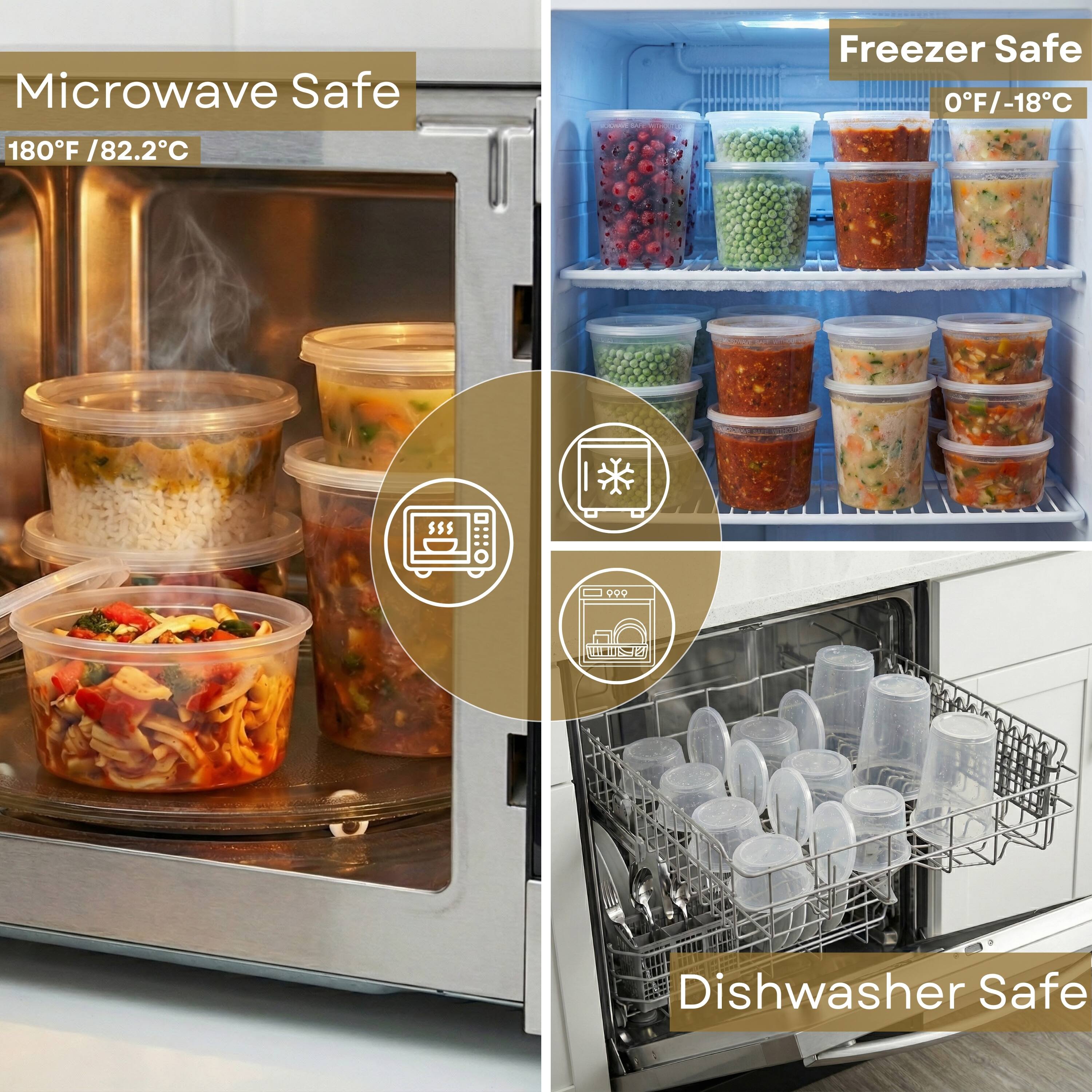 Microwave Safe  
180°F / 82.2°C  

Freezer Safe  
0°F / -18°C  

Dishwasher Safe
