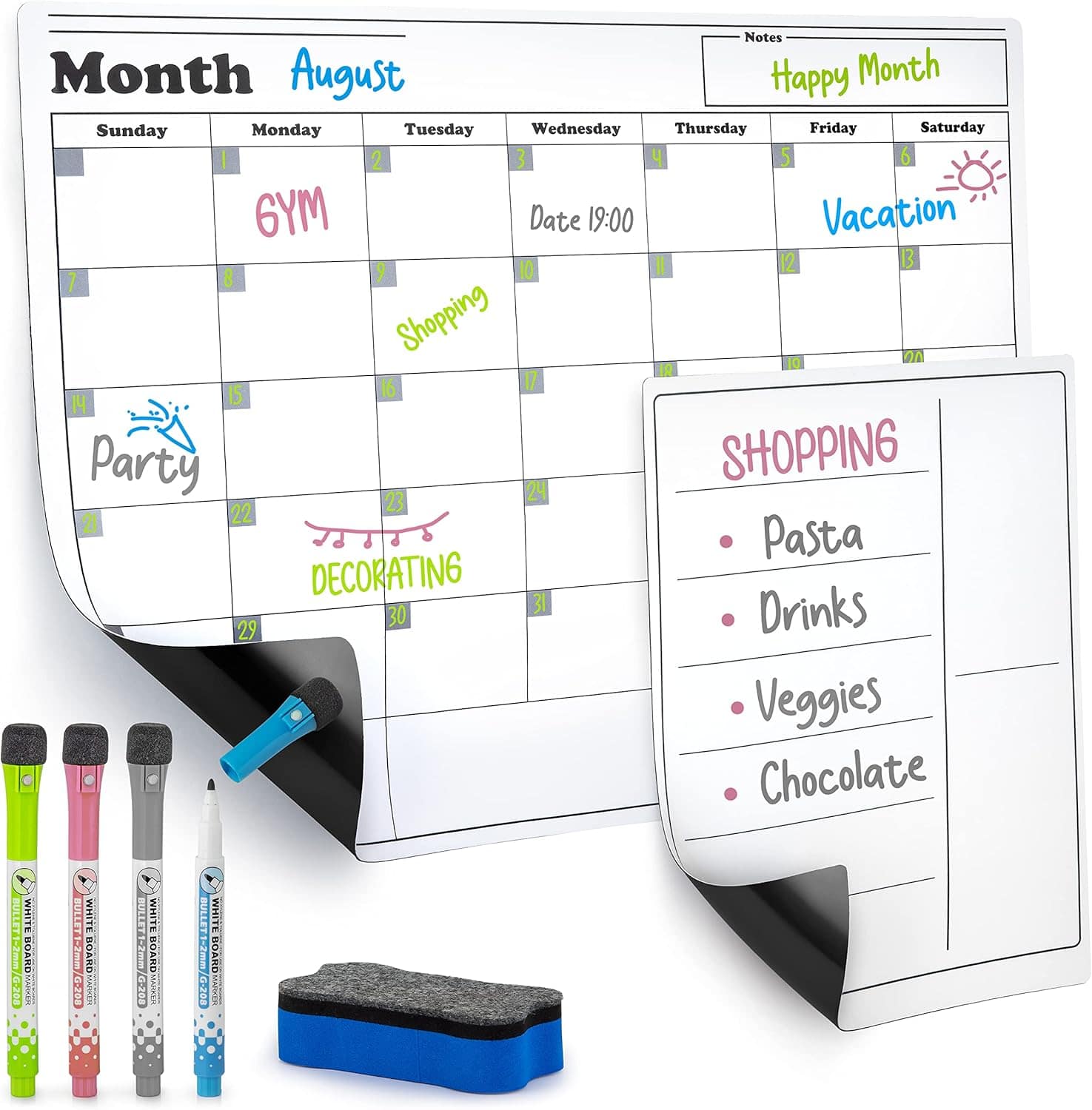 Zulay Kitchen - Magnetic Dry Erase Calendar Whiteboard Kit - Magnetic Calendar for Fridge - White