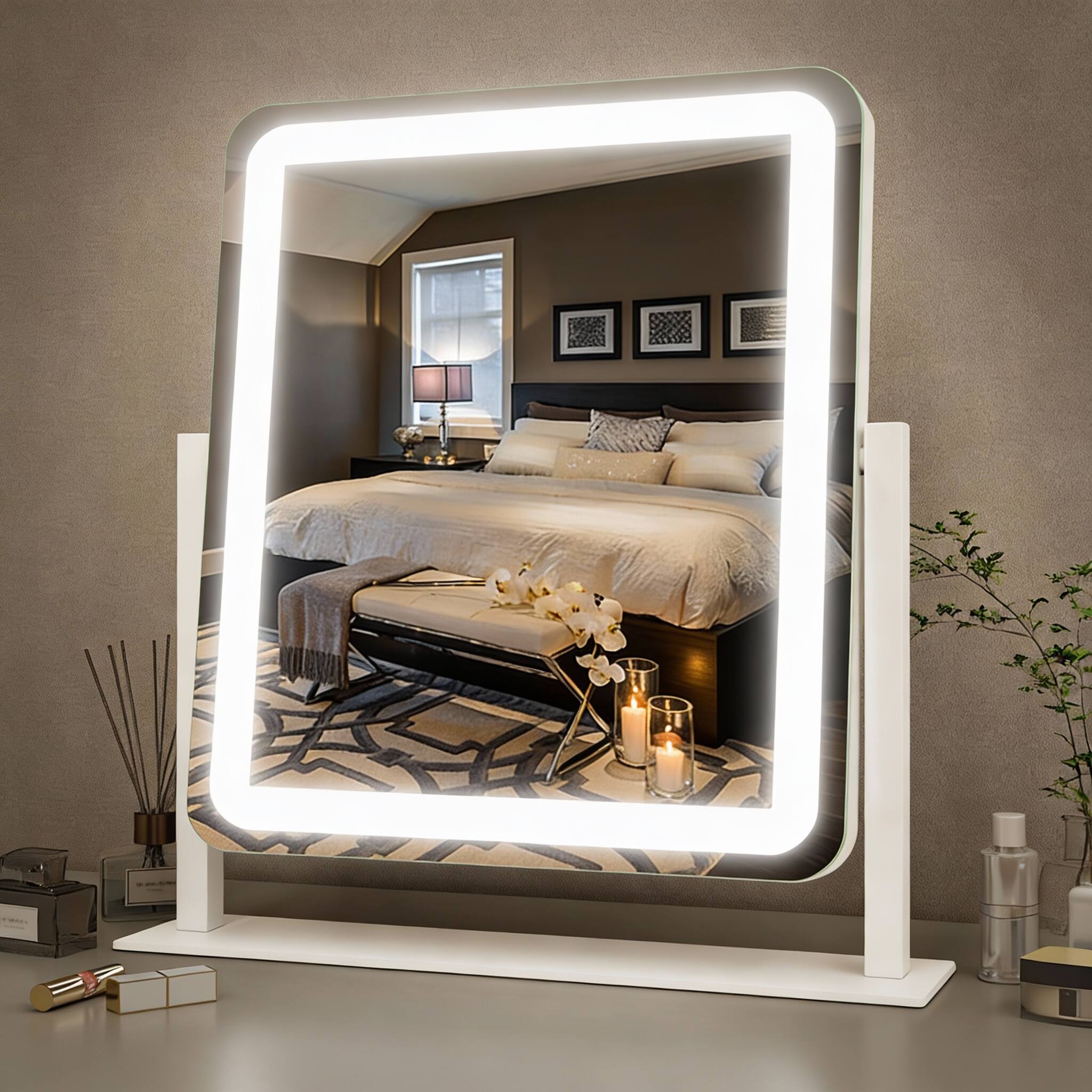 Front. PO3TICJUNKI3 - 14"x12" Lighted Vanity Mirror, 3-Color Dimmable LED, Touch Control, 360° Rotate - White 15"L x 12.6"W.