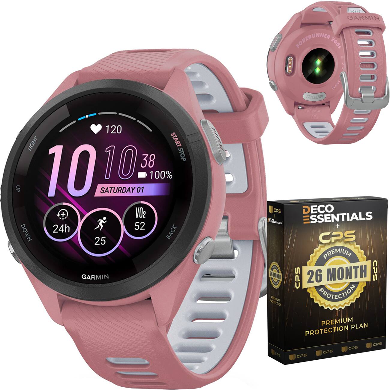 IT GARMIN FORERUNNER 265s : S WHMIE 123456789 120 LIGHT START 38 STOP 10 10 100% UP SATURDAY 01 VO2 24h 52 DOWN BACK 25 GARMIN CPS T DAGIALA 11 NOKTN Hnas Haleasa 18 DECO SSENTIALS + CPS PREMIUM CPS 26 MONTH CPS PROTECTION PREMIUM PLAN PROTECTION CPS