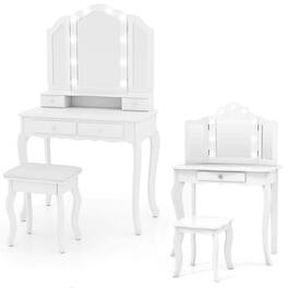 Costway - Makeup Vanity Set with Tri-Fold Mirror & LED Lights Vanity Desk and Stool Set - White