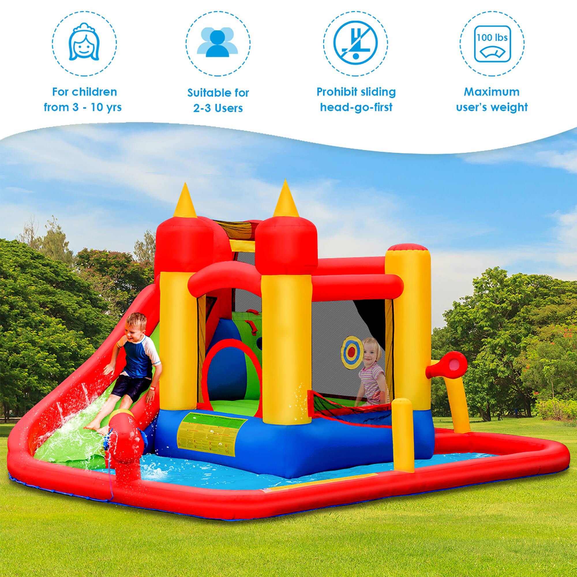 - For children from 3 - 10 yrs
- Suitable for 2-3 Users
- Prohibit sliding head-go-first
- Maximum user's weight: 100 lbs