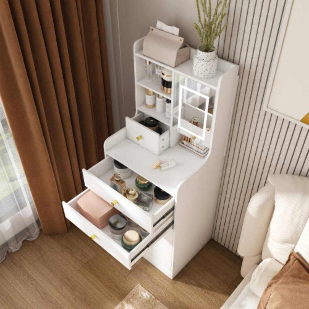 Alt View 6. LUCKY ONE - 3-in-1 Dressing Table with LED Mirror, 4 Drawers, Storage Cabinet, Open Bookshelf and Hidden Stool - White.