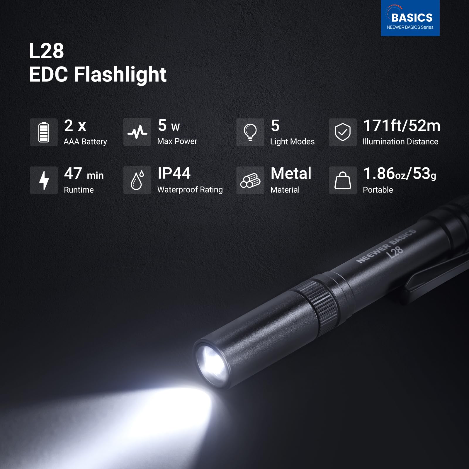 BASICS NEWEER BASICS Series L28 EDC Flashlight  
- 2 x AAA Battery  
- 5 W Max Power  
- 5 Light Modes  
- 171ft/52m Illumination Distance  
- 47 min Runtime  
- IP44 Waterproof Rating  
- Metal Material  
- 1.86oz/53g Portable