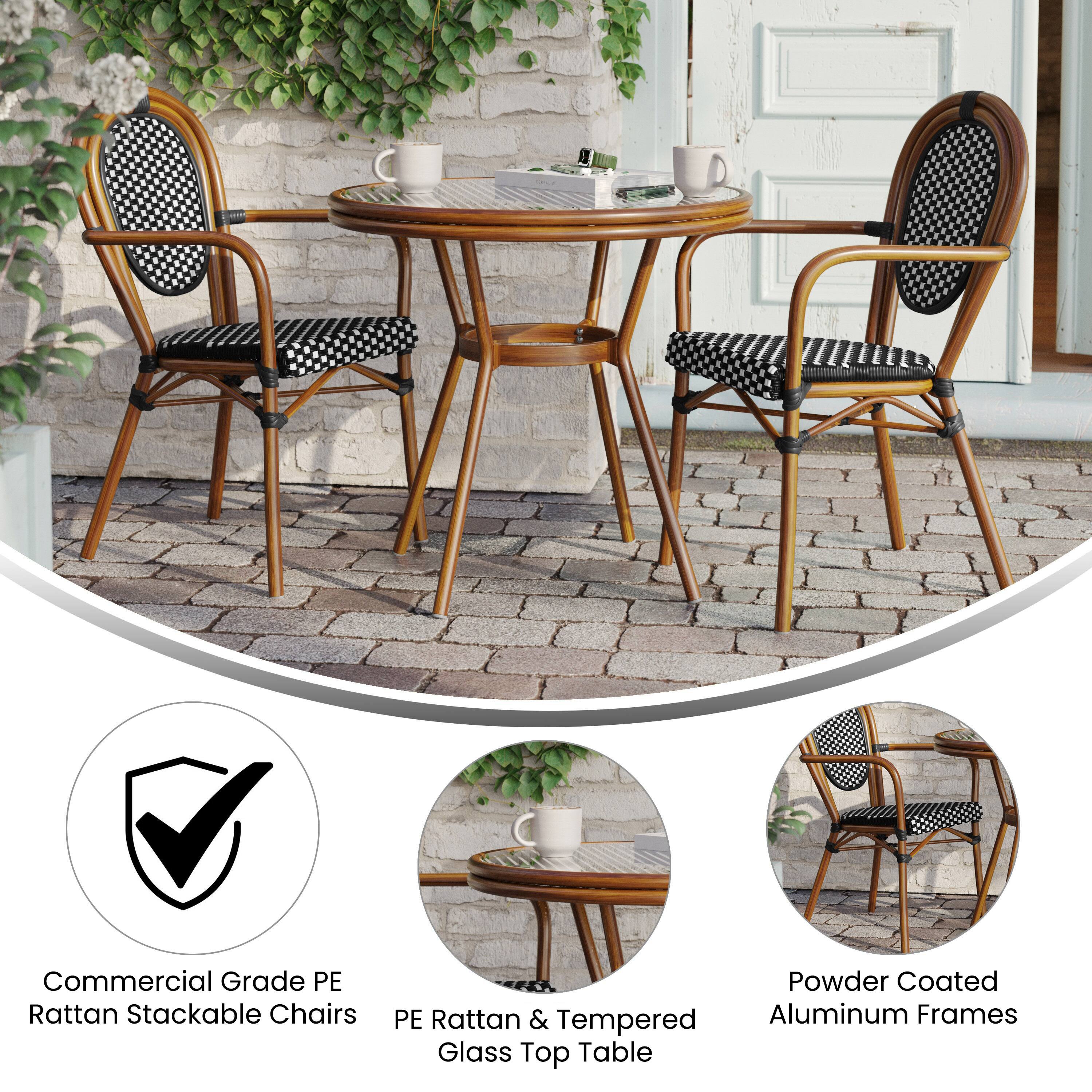 Commercial Grade PE Rattan Stackable Chairs  
Powder Coated PE Rattan & Tempered Aluminum Frames  
Glass Top Table