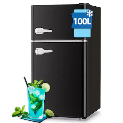 Front. WANAI - 3.5 Cu.Ft Retro Mini Fridge with Top Freezer, Dual Door Refrigerator with Handles - BLACK.