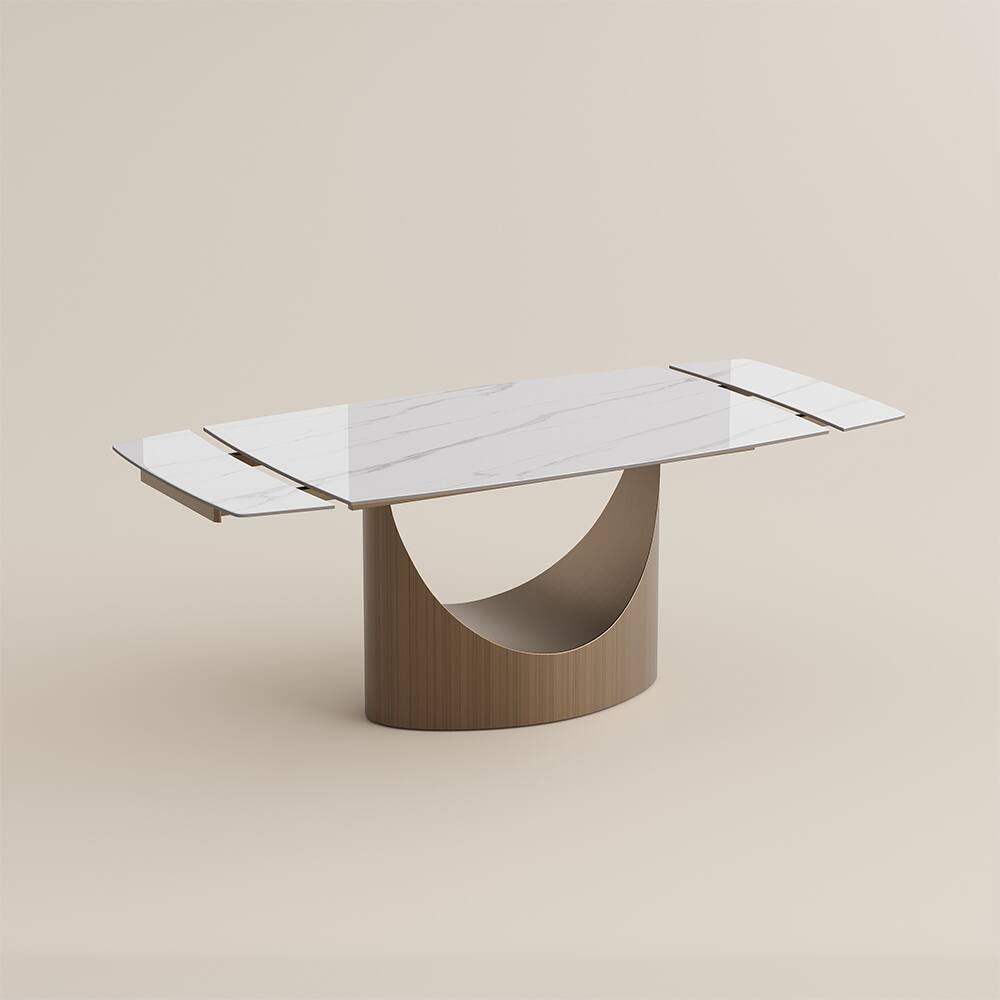 Alt View 6. POVISON - 71"-95"Extendable Modern White Dining Table for 6-10,Rectangular Glossy Sintered Stone Tabletop,Bronze Carbon Steel Leg - Glossy White Sintered Stone with Bronze.
