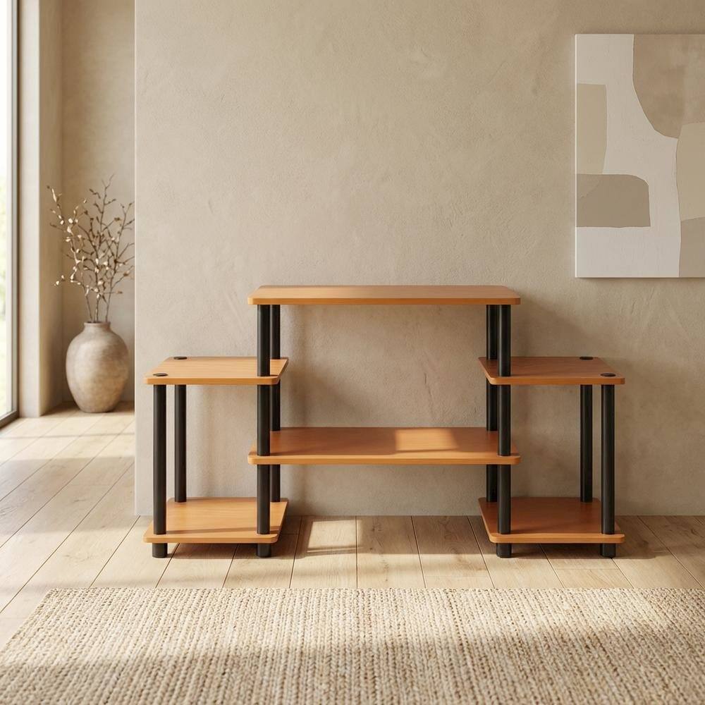 Left. FurniFact - Light Cherry and Black no tools entertainment center with spacious design - Light Cherry/Black.