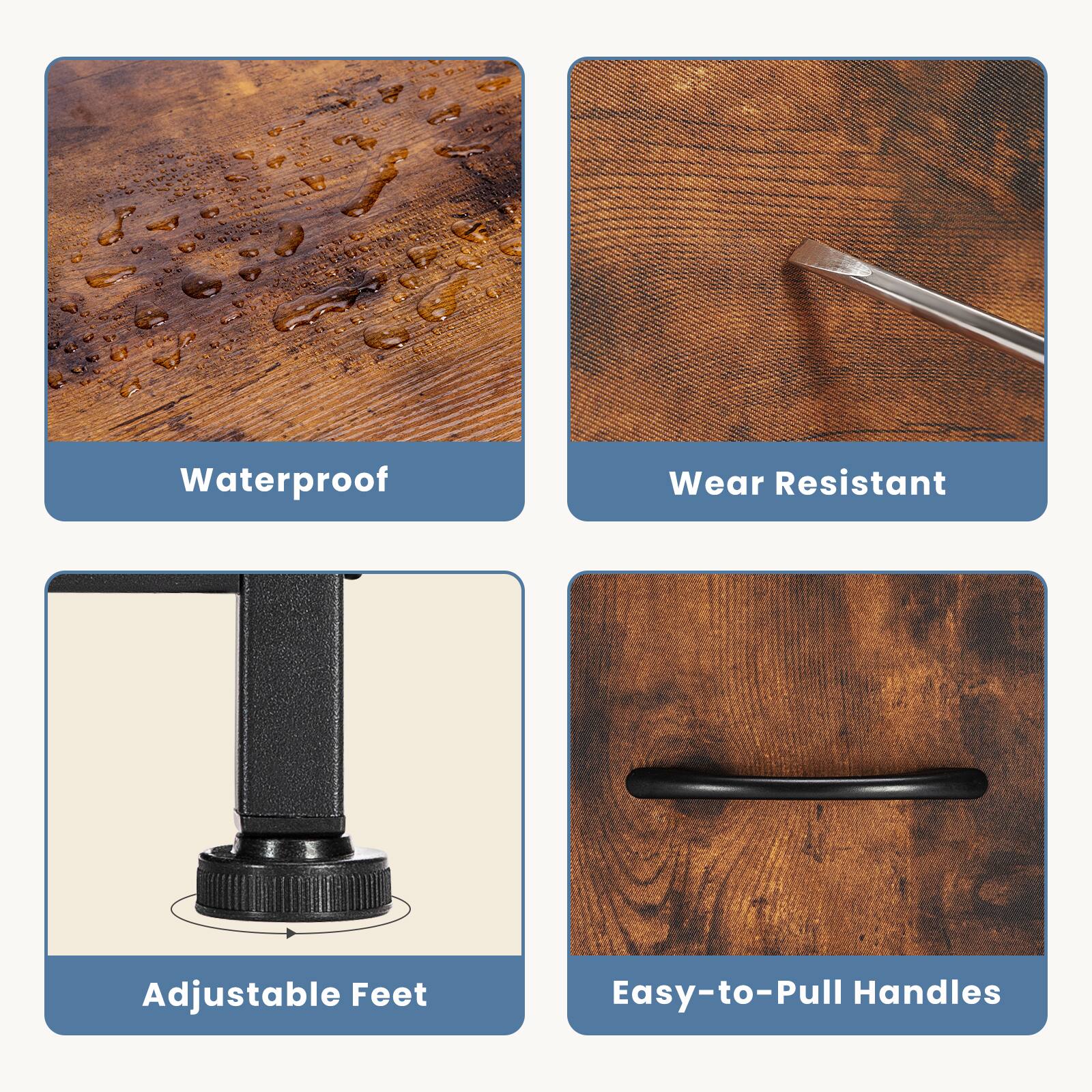 The text on the image is grouped as follows:
1. Waterproof
2. Wear Resistant
3. Adjustable Feet
4. Easy-to-Pull Pull Handles