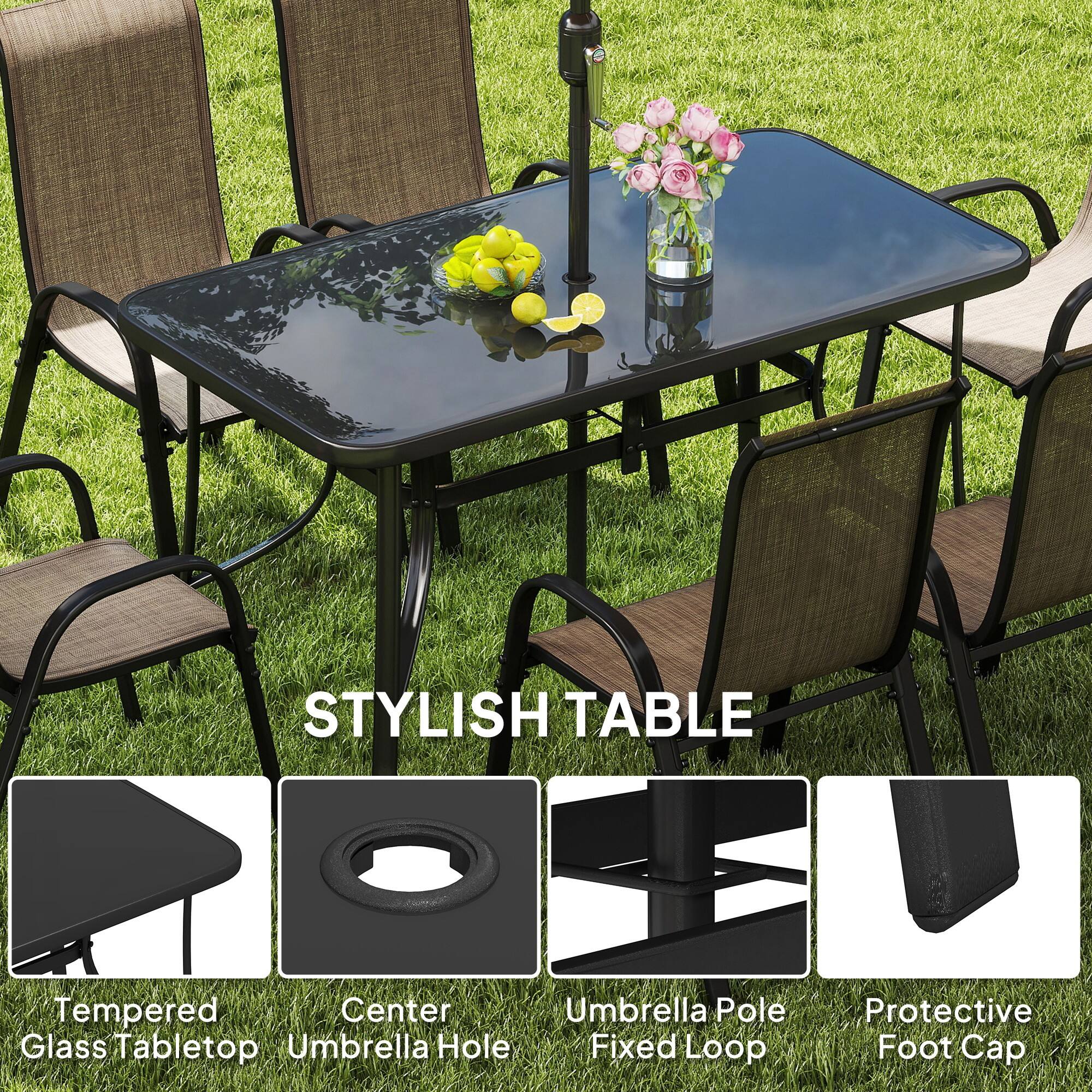 STYLISH TABLE

- Tempered Glass Tabletop
- Center Umbrella Hole
- Umbrella Pole Fixed Loop
- Protective Foot Cap