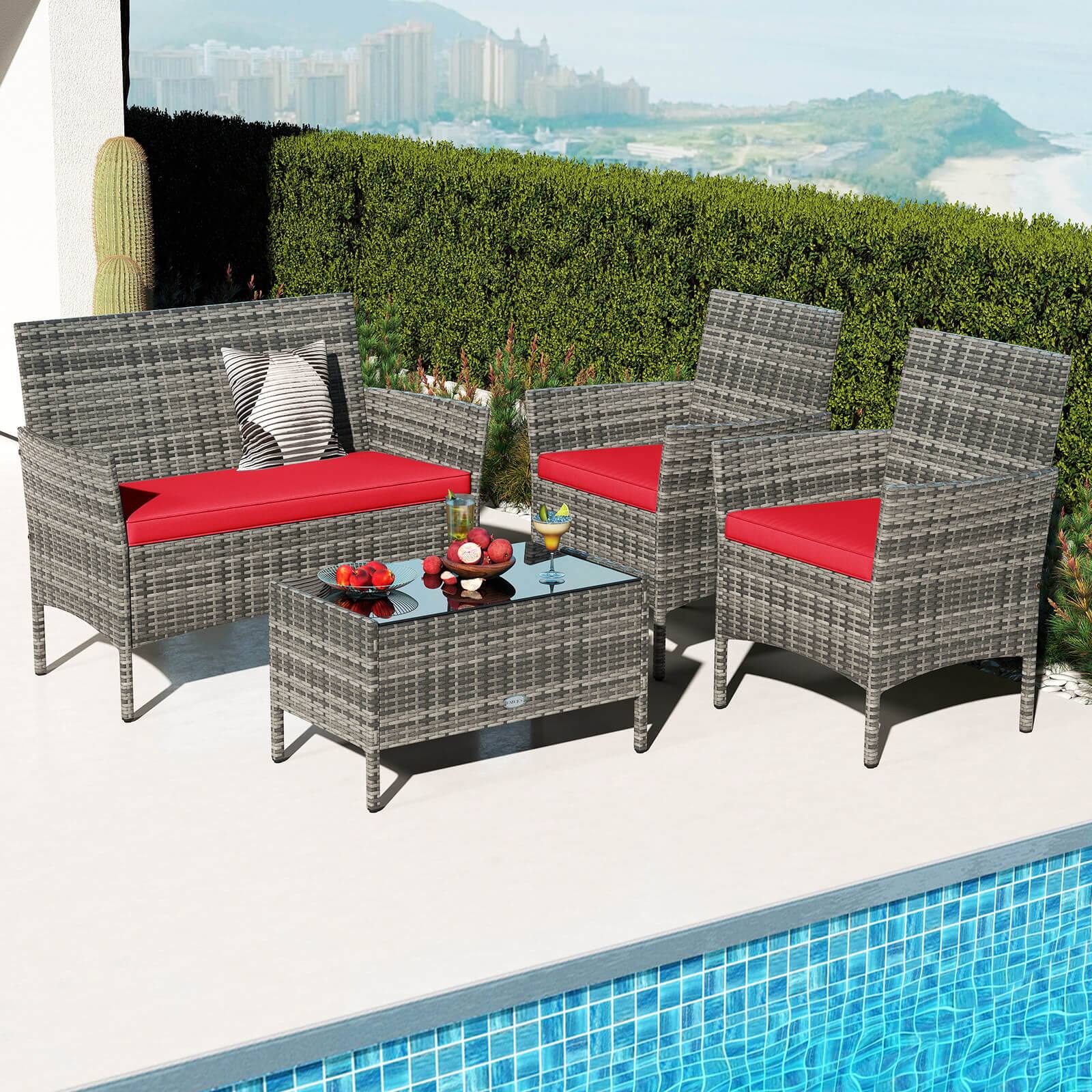 Alt View 3. Costway - Costway 4 PCS Patio Furniture Set with Washable Cushions and Tempered Glass Coffee Table - Red.
