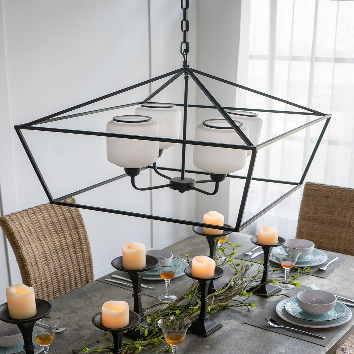 Alt View 4. Loheer - Loheer Black Iron Chandelier, Rectangle Glass Shade Industrial Hanging Light Fixture for Dining Room.