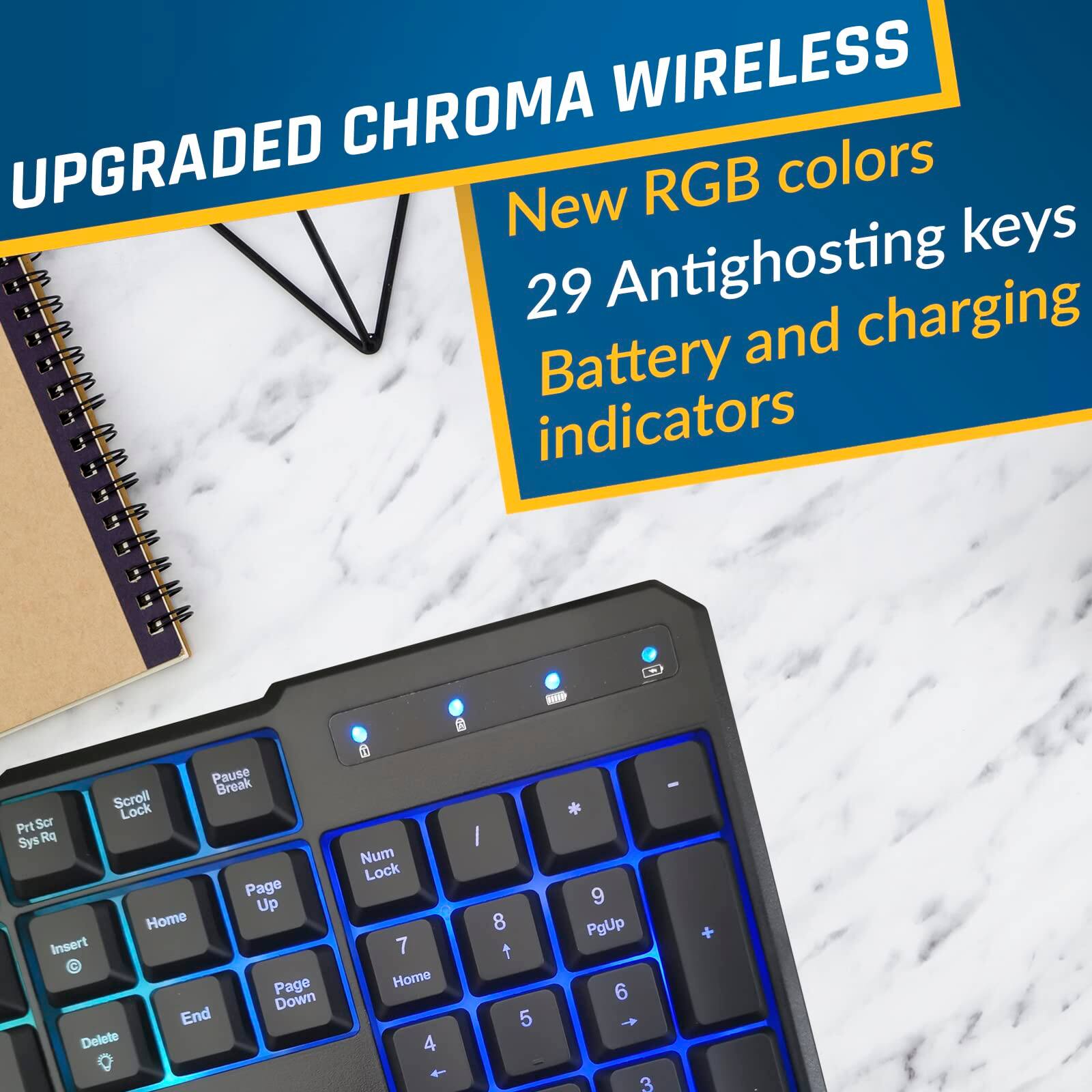 UPGRADED CHROMA WIRELESS

New RGB colors  
29 Antighosting keys  
Battery and charging indicators