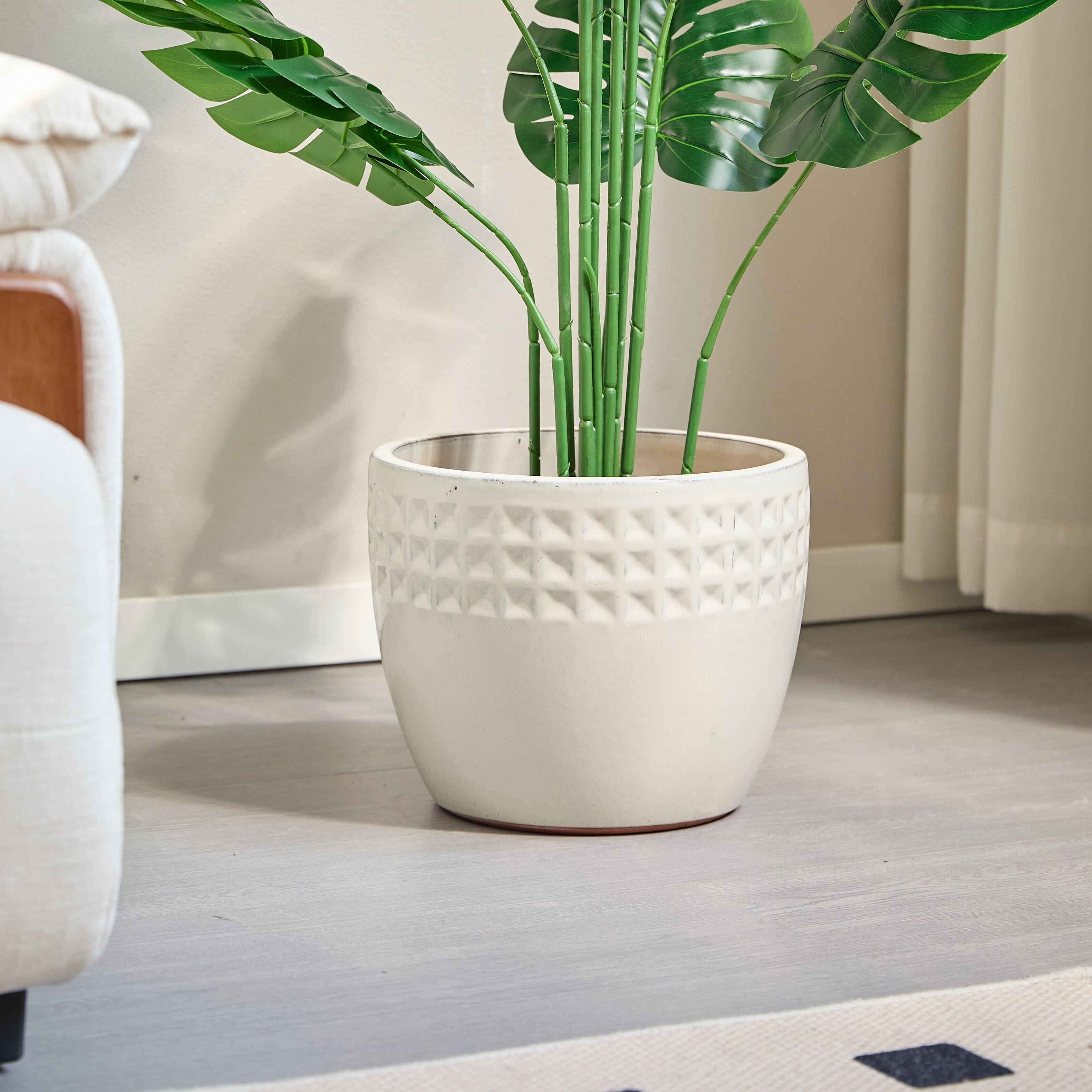 Alt View 8. Loheer - Ceramic Planter Set Loheer Handmade White Ceramic Planter Set of 3, Diamond Pattern Indoor Outdoor Pots, 15 12 9 Inch.