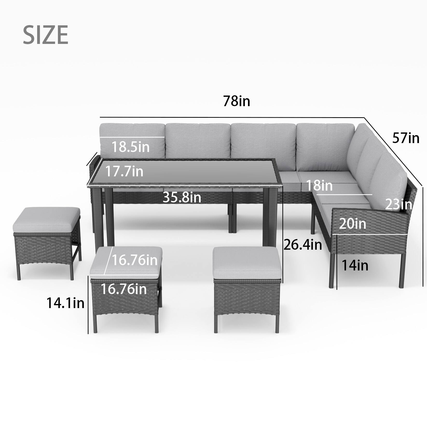 SIZE  
78in  
57in  
18.5in  
17.7in  
35.8in  
18in  
23in  
16.76in  
14.1in  
26.4in  
20in  
14in