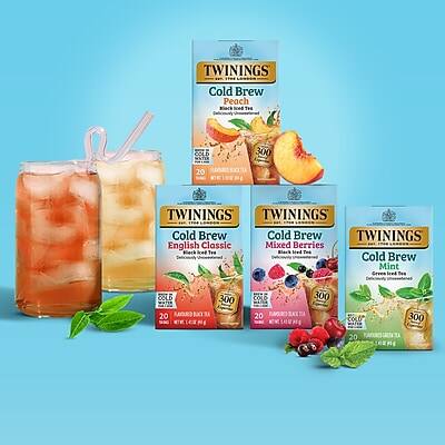 TWININGS Cold Brew Peach  
TWININGS Cold Brew English Classic Black Tea  
TWININGS Cold Brew Mixed Berries Black Tea  
TWININGS Cold Brew Mint Green Tea  

Each box contains 20 tea bags.
