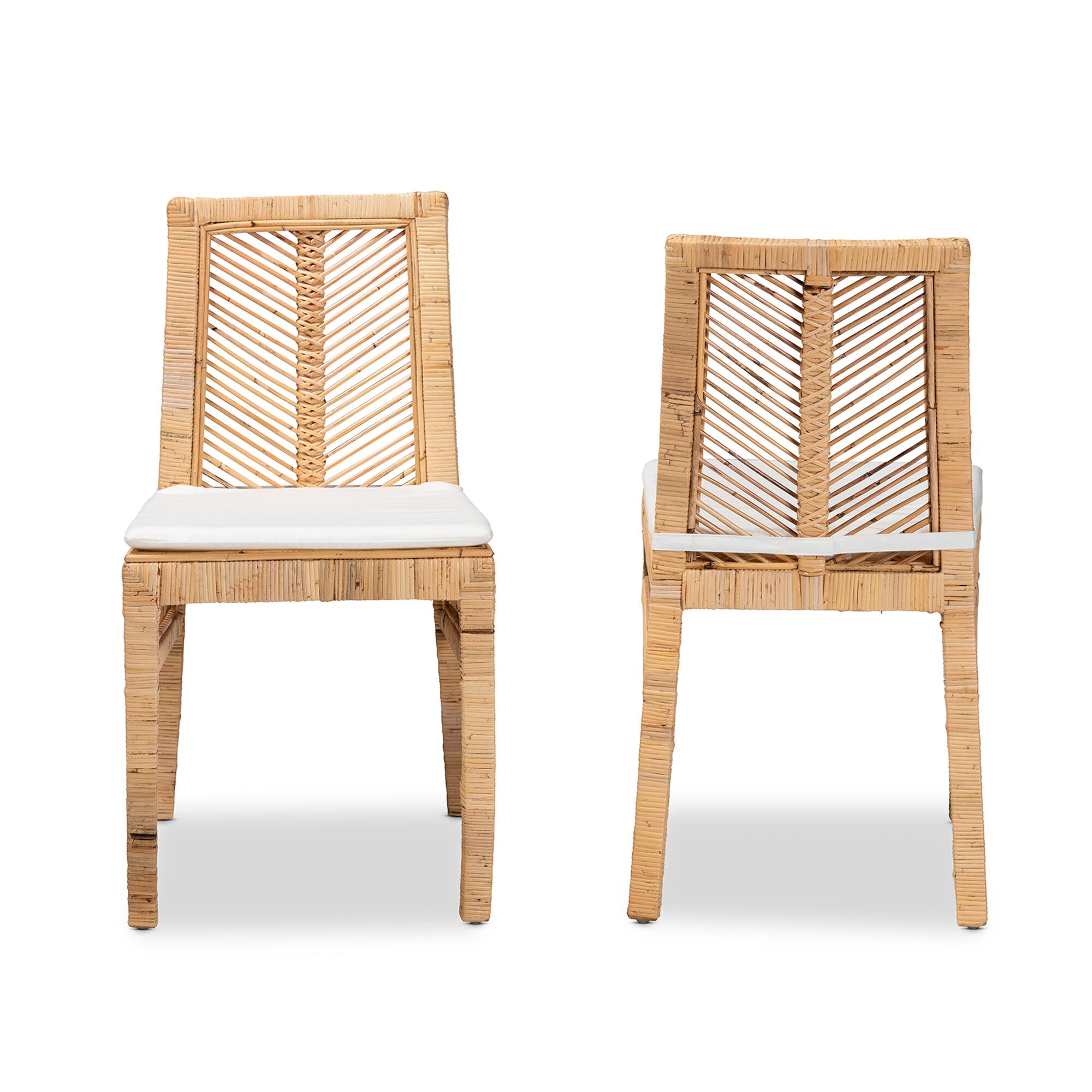 Angle. bali & pari - Suci Modern Bohemian Rattan 2-Piece Dining Chair Set - White/Natural Brown.