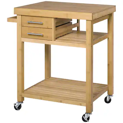 Front. Homcom - Bamboo Kitchen Island Cart on Wheels, Utility Trolley Cart with 2 Storage Drawers and Open Shelves, Bamboo Tone - Vintage Natural.