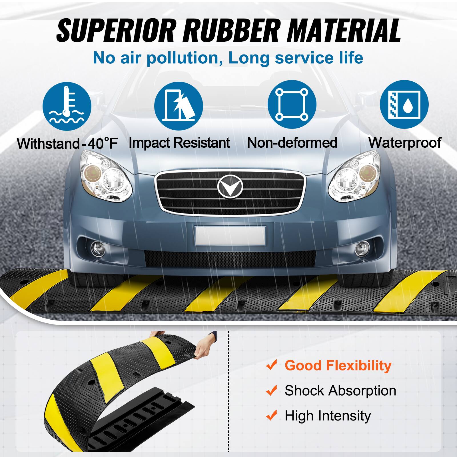 SUPERIOR RUBBER MATERIAL
No air pollution, Long service life
Withstand-40F
Impact Resistant
Non-deformed
Waterproof
Good Flexibility
Shock Absorption
High Intensity