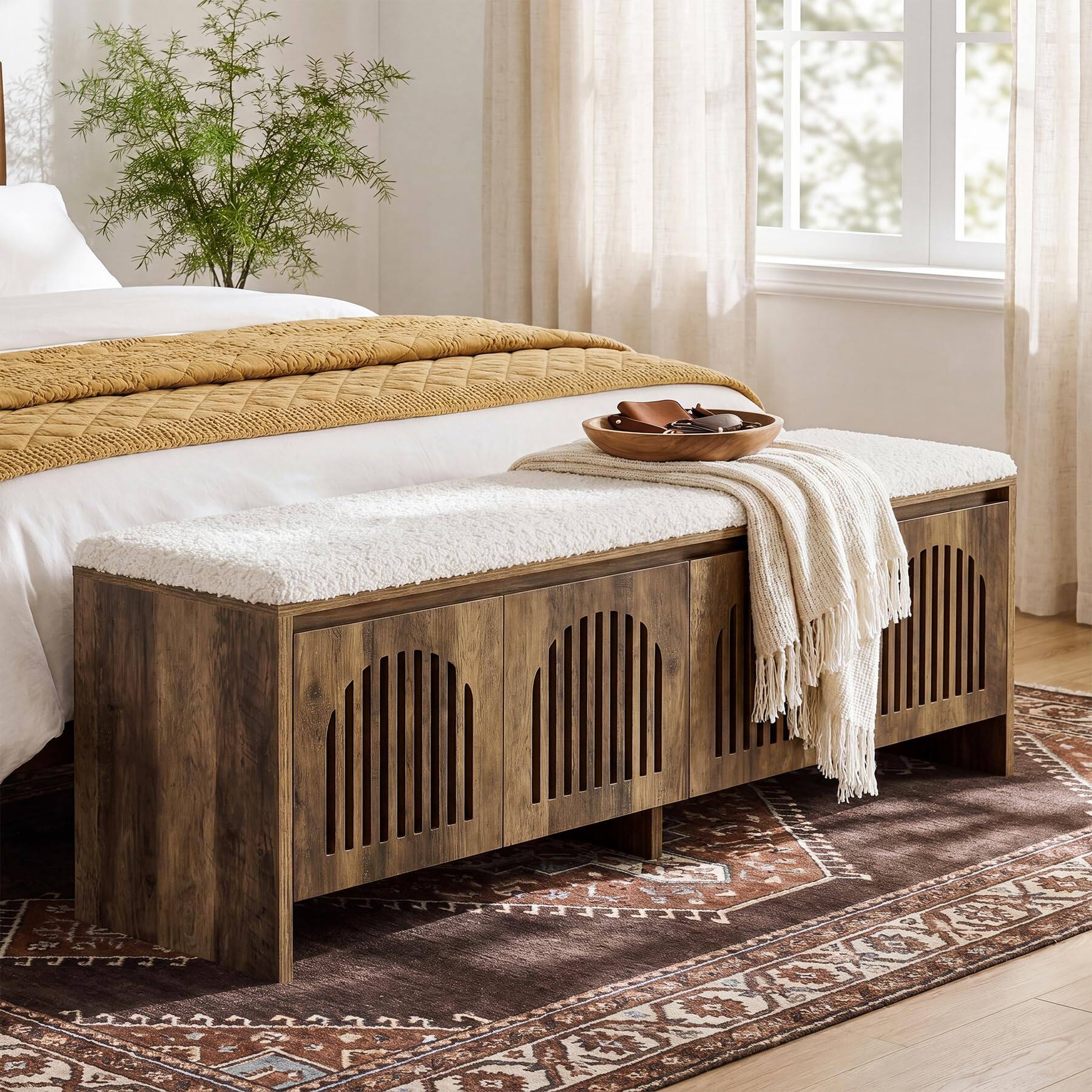 Left. Tribesigns - 55" Upholstered End of Bed Bench, Farmhouse Wooden Bedroom Bench with Storage Cabinet for Bedroom End of Bed, Living Roo - Brown and White.