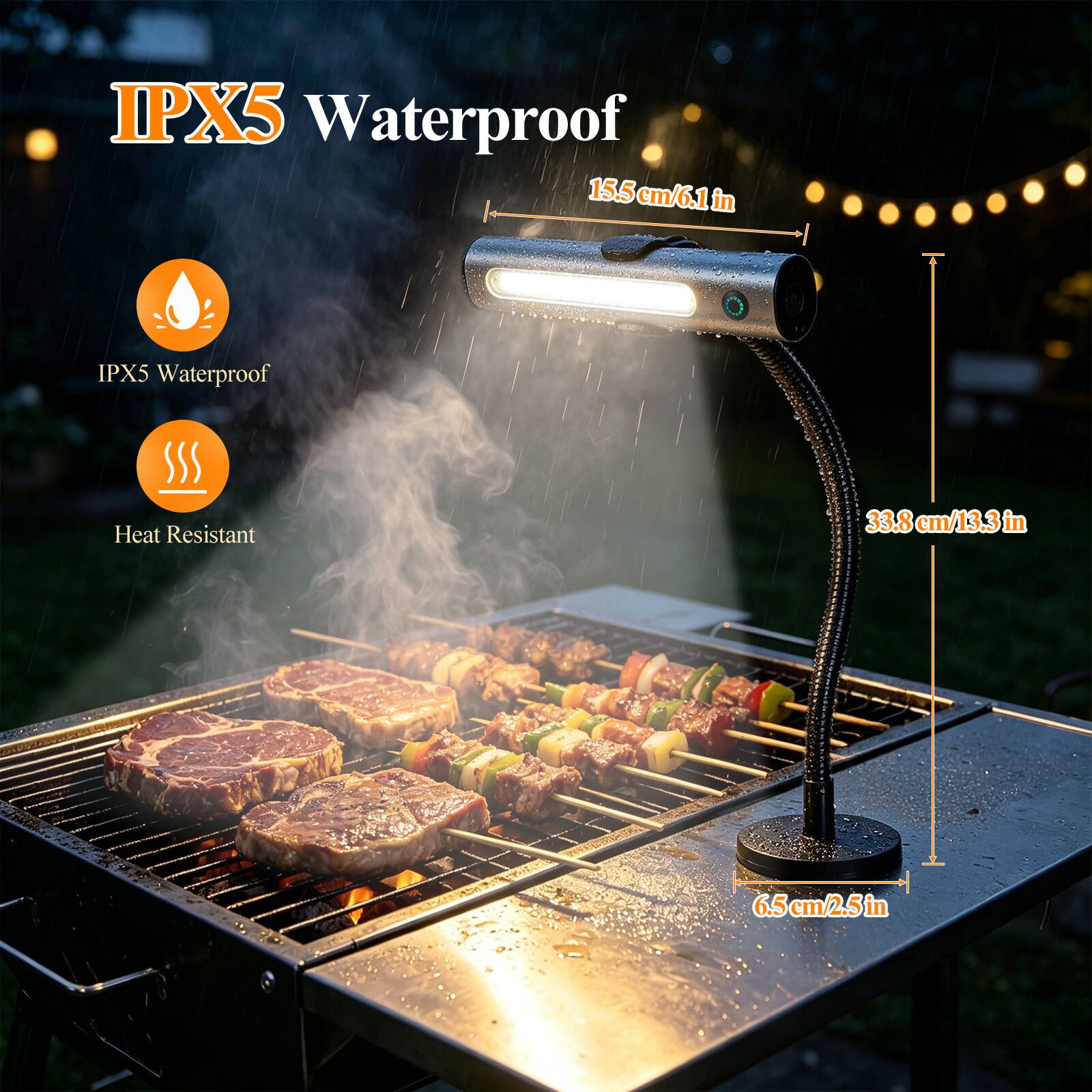 IPX5 Waterproof  
15.5 cm/6.1 in  
IPX5 Waterproof Heat Resistant  
33.8 cm/13.3 in  
6.5 cm/2.5 in