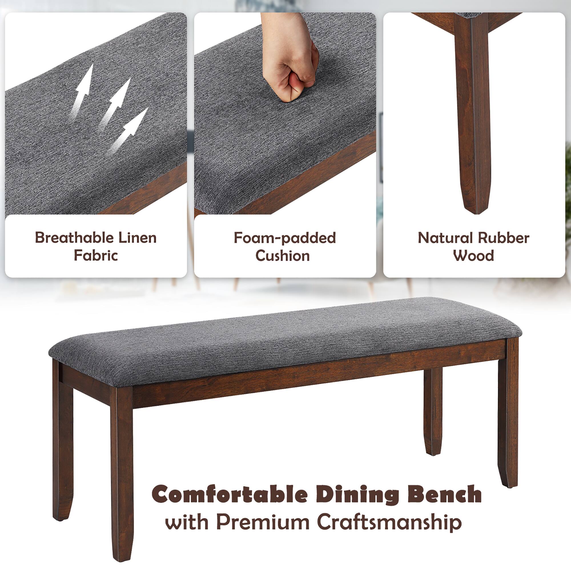 The text on the image is grouped and corrected as follows:

"Comfortable Dining Bench with Premium Craftsmanship - Breathable Linen Fabric - Foam-padded Cushion - Natural Rubber Wood"