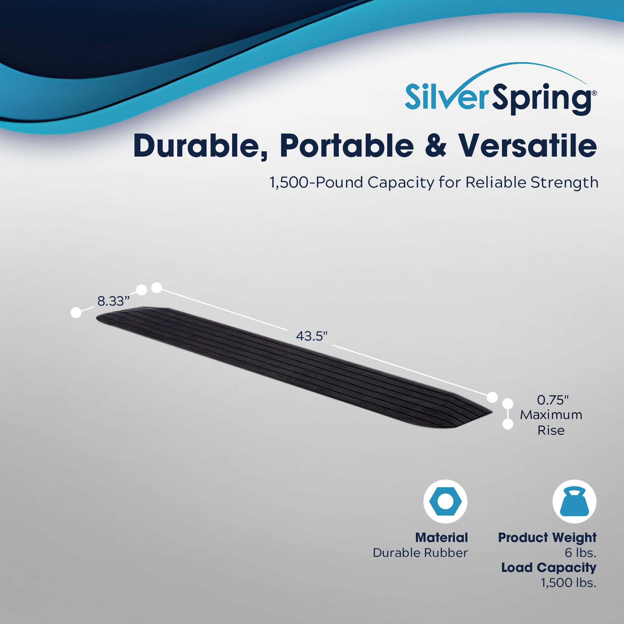 Silver Spring  
Durable, Portable & Versatile  
1,500-Pound Capacity for Reliable Strength  

- 8.33"  
- 43.5"  
- 0.75" Maximum Rise  

Material: Durable Rubber  
Product Weight: 6 lbs.  
Load Capacity: 1,500 lbs.