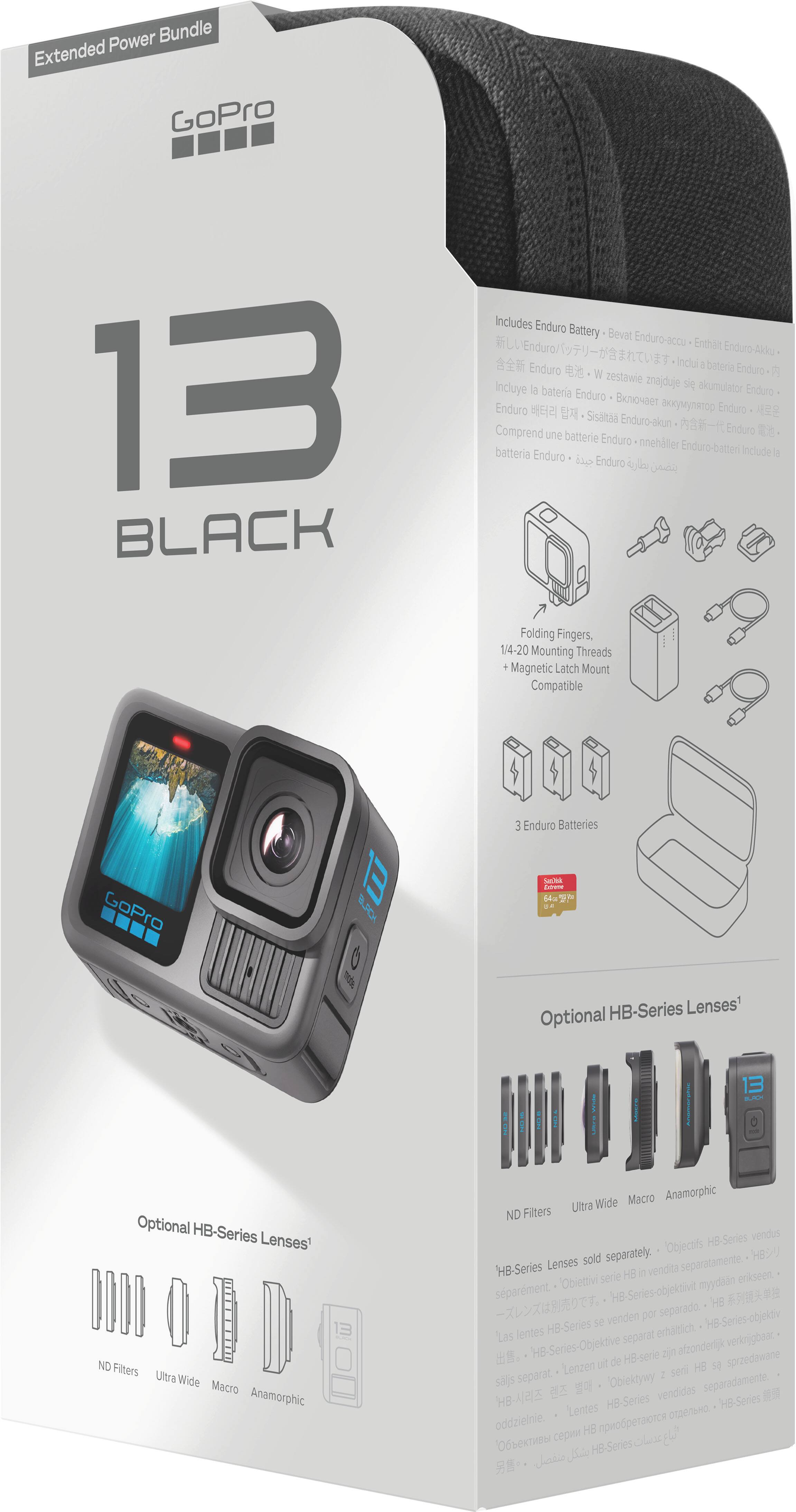 Extended Power Bundle

GoPro 13 Black

Includes Enduro Battery
- Bevat Enduro-accu
- Enthat Endurg-Akku
- Indui a bateria Enduro
- W zestawie zajduje sie
- Incluye la bateria akumulator Enduro
- Sisaitaa Enduro-akun
- Comprend la bateria Enduro
- une batterie Enduro
- Enduro-batteri
- include a Enduro

14-20 Mounting Threads
- Magnetic Latch Mount
- Compatible GoPro

3 Enduro Batteries

Optional HB-Series Lenses*
- ND Filters
- Ultra Wide
- Macro
- Anamorphic

HB-Series Lenses sold separately.
- Objectifs HB vendus séparément
- HB-Series-objektivit myydään erillisinä
- HB-Series-objektive venden por separado
- HB-Series-objektive HB-serie 2ip afronderlyjk verkrigbaar
- Lenzen ut de HB 50 sprzedawane separat
- HB-Series-objektive HB-serie 2ip afronderlyjk verkr