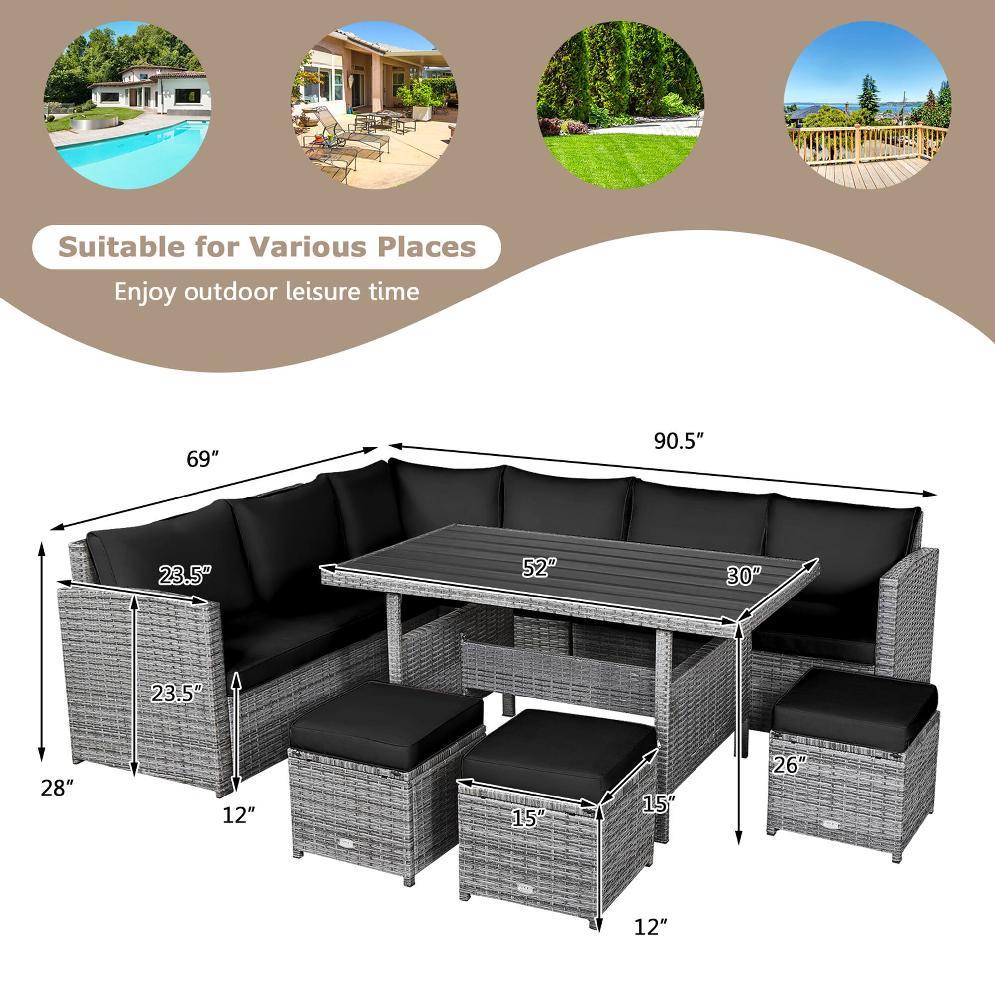 Suitable for Various Places  
Enjoy outdoor leisure time  

69"  
90.5"  
23.5"  
52"  
30"  
23.5"  
28"  
12"  
15"  
15"  
26"  
12"