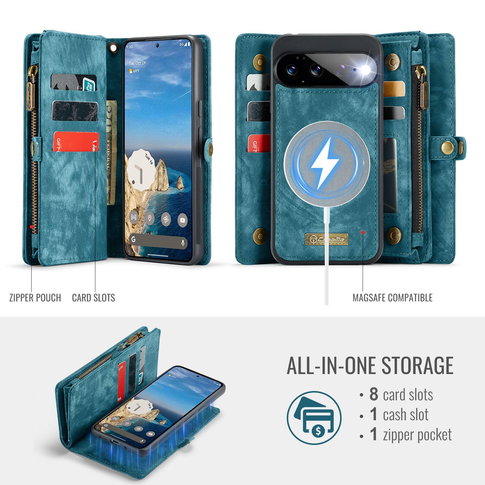 9:30  
SSAI  
Tue, Oct. 19  
68F  
GIFN  
Tus 10  
GIFT  
M  
0  

ZIPPER POUCH CARD SLOTS  
MAGSAFE COMPATIBLE  
+  
ALL-IN-ONE STORAGE  
8 card slots  
1 cash slot  
1 zipper pocket