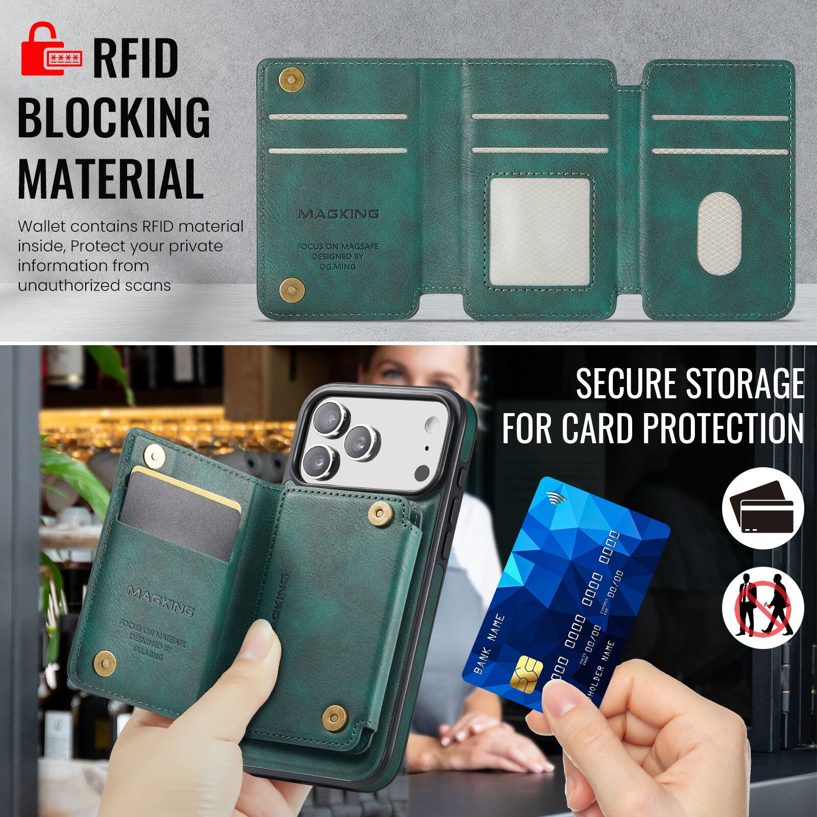RFID BLOCKING MATERIAL

Wallet contains RFID material inside, Protect your private information from unauthorized scans

MAGKING TOCUS ON SRR DESIGNEO ST OGMING SECURE STORAGE FOR CARD PROTECTION

MAGKING RCS DY AN GAZO

GKING NAME BANK 0000 0000 D. i D 0000 00/00 i NAME 000 HOLDER